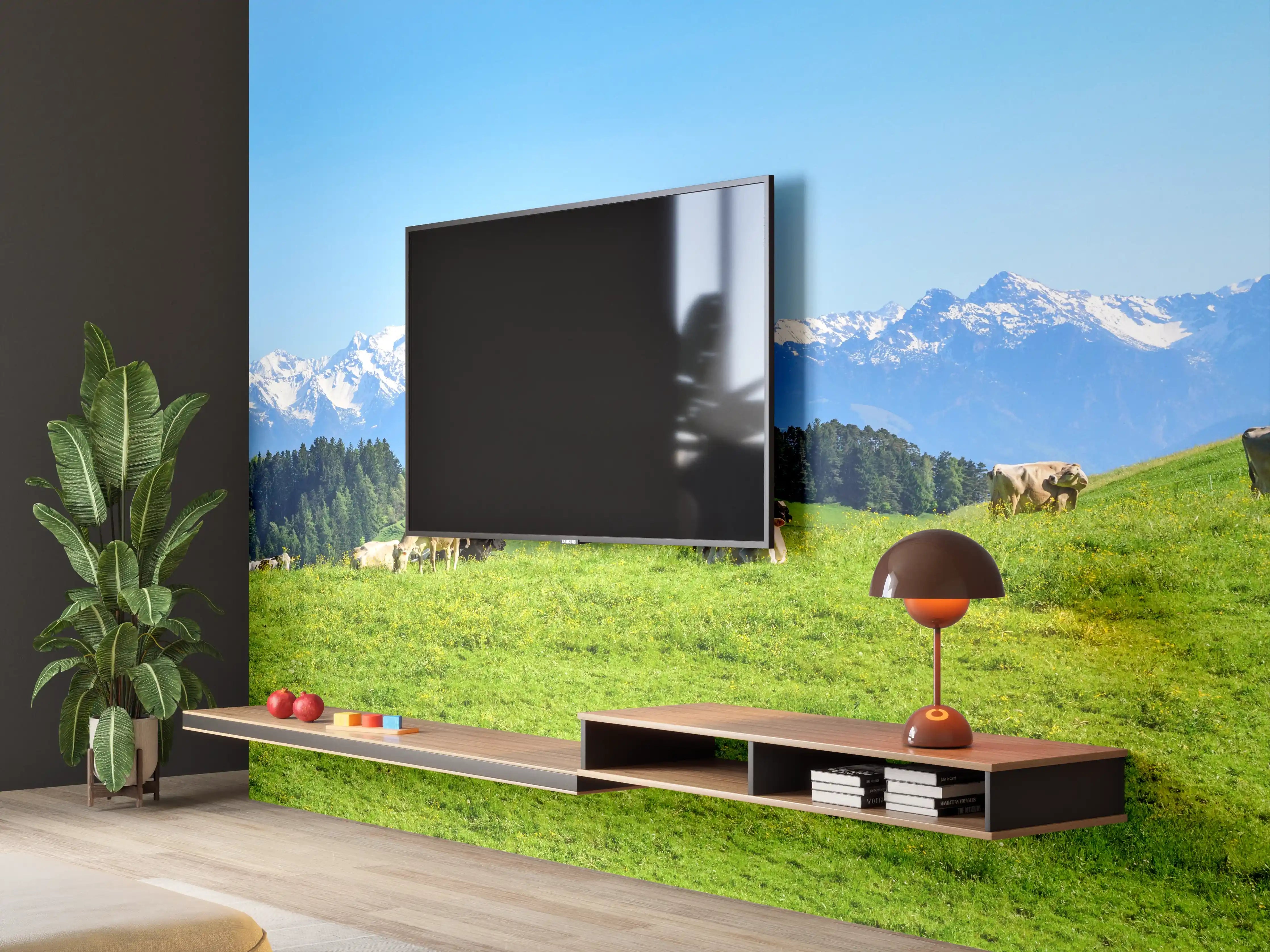 Wandverkleidung Wohnzimmer - Almwiese mit Kühen und Alpenblick