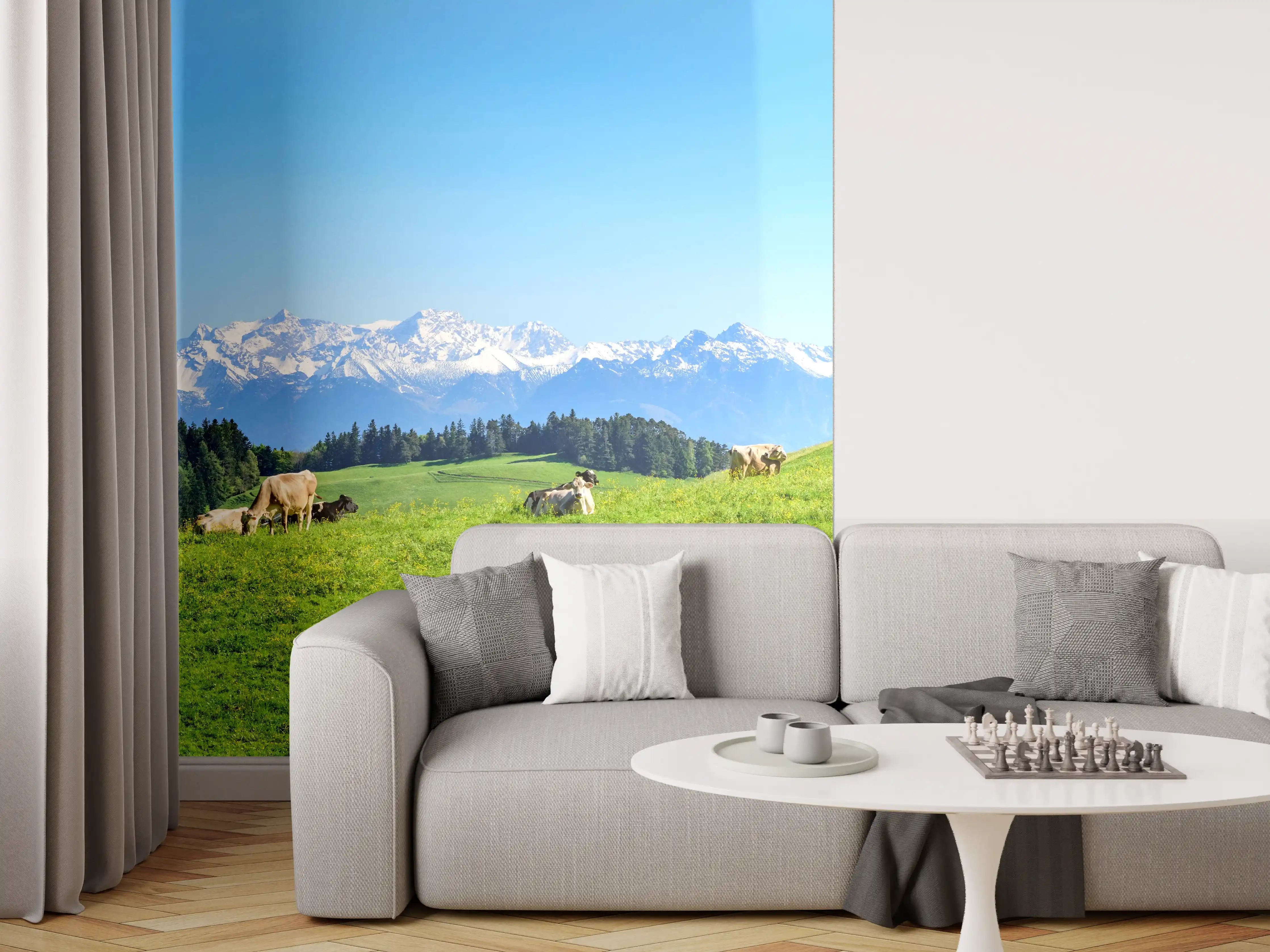Wandverkleidung Wohnzimmer - Almwiese mit Kühen und Alpenblick