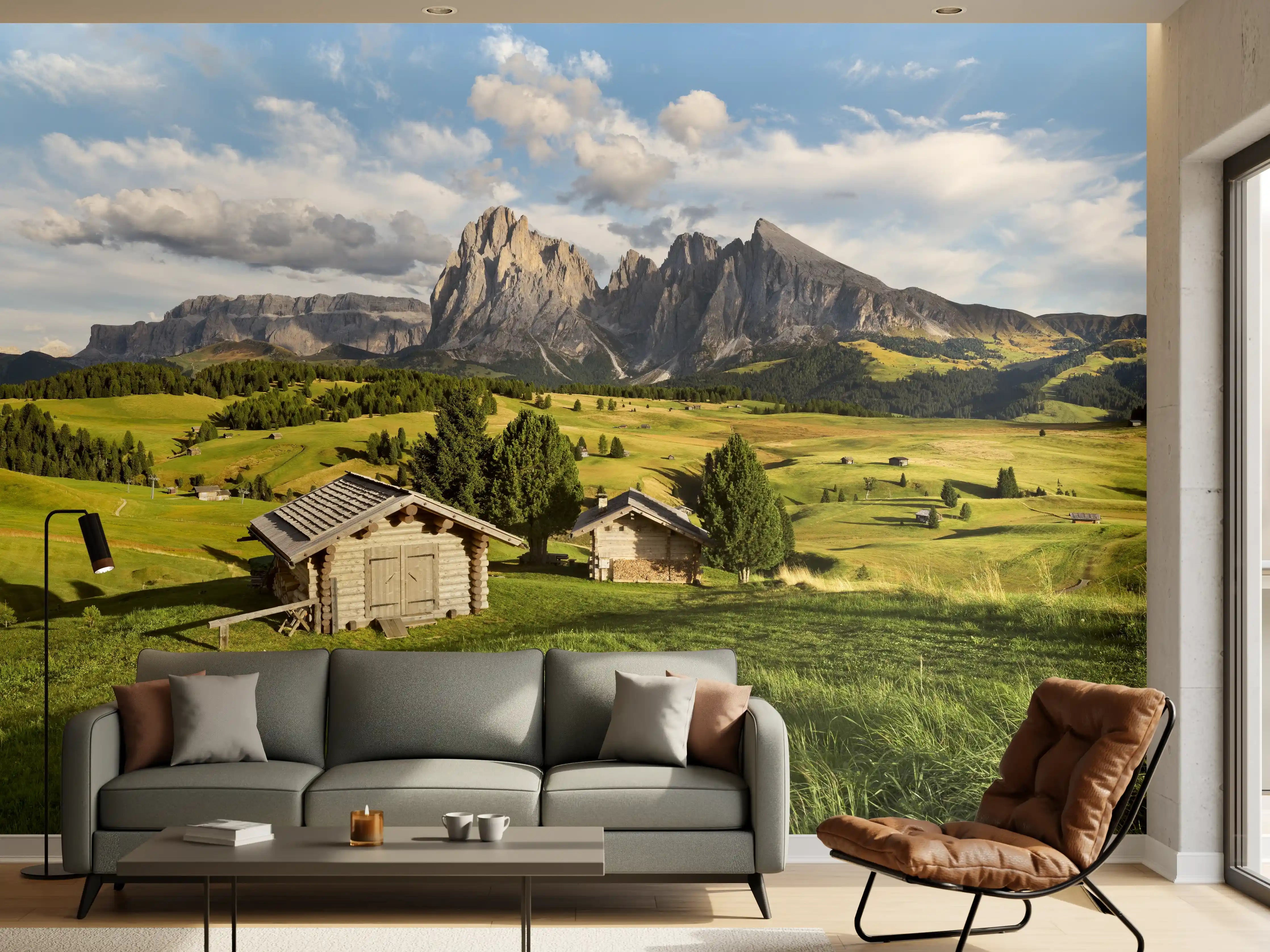 Wandverkleidung Wohnzimmer - Alpenidylle mit grünen Wiesen