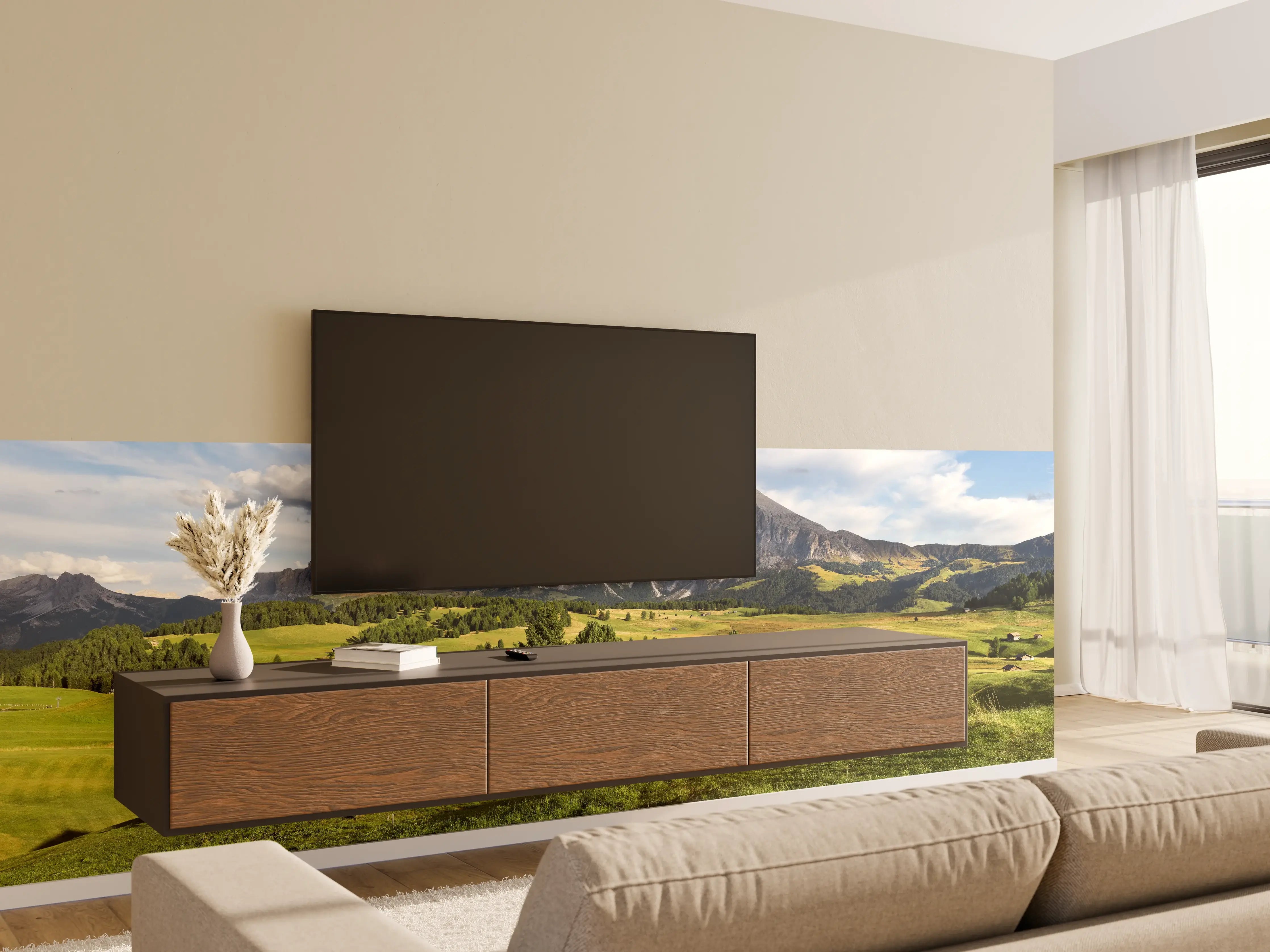 Wandverkleidung Wohnzimmer - Alpenidylle mit grünen Wiesen