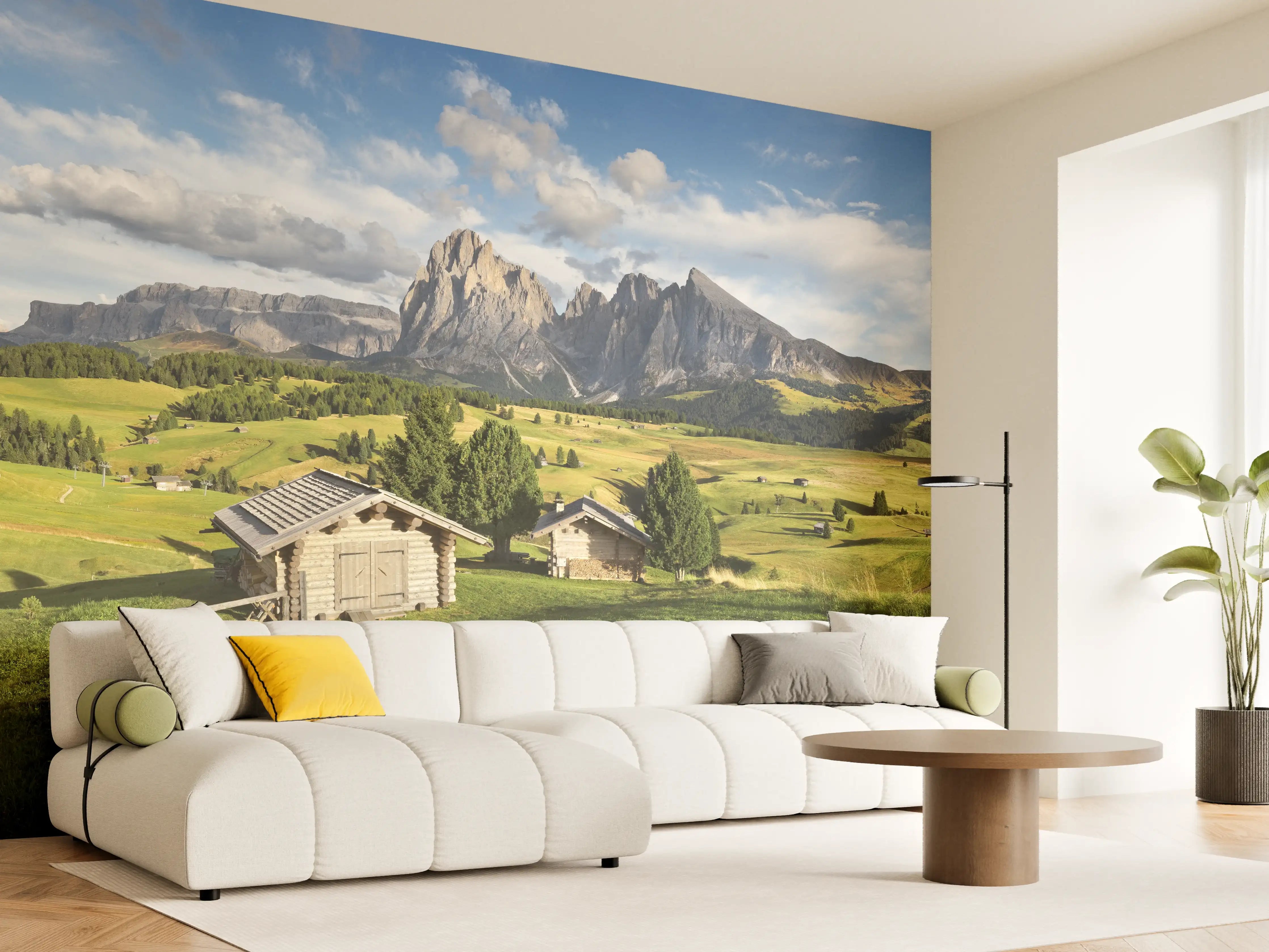 Wandverkleidung Wohnzimmer - Alpenidylle mit grünen Wiesen
