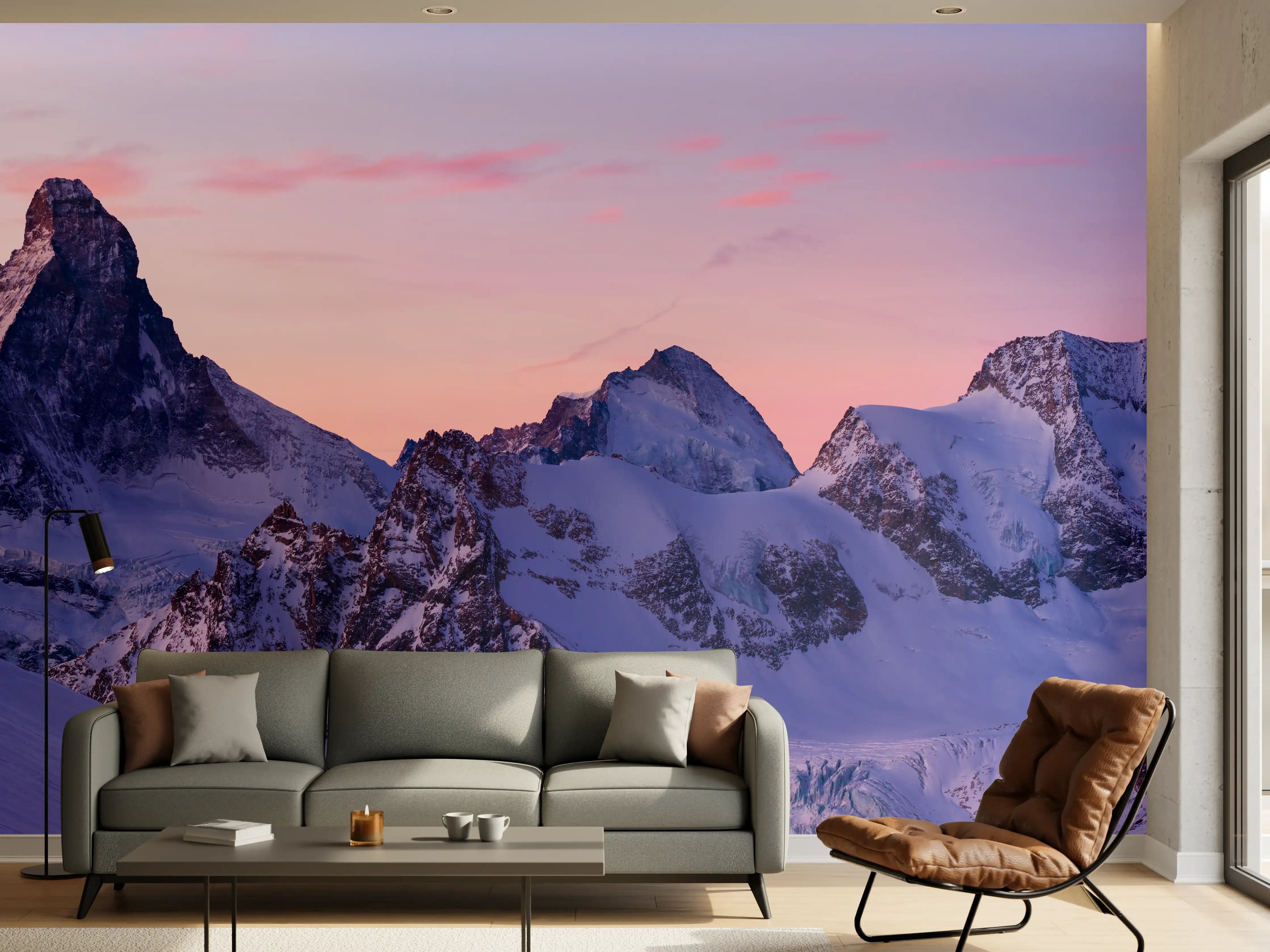 Wandverkleidung Wohnzimmer - Alpenpanorama Sonnenuntergang Weiß-Rosa