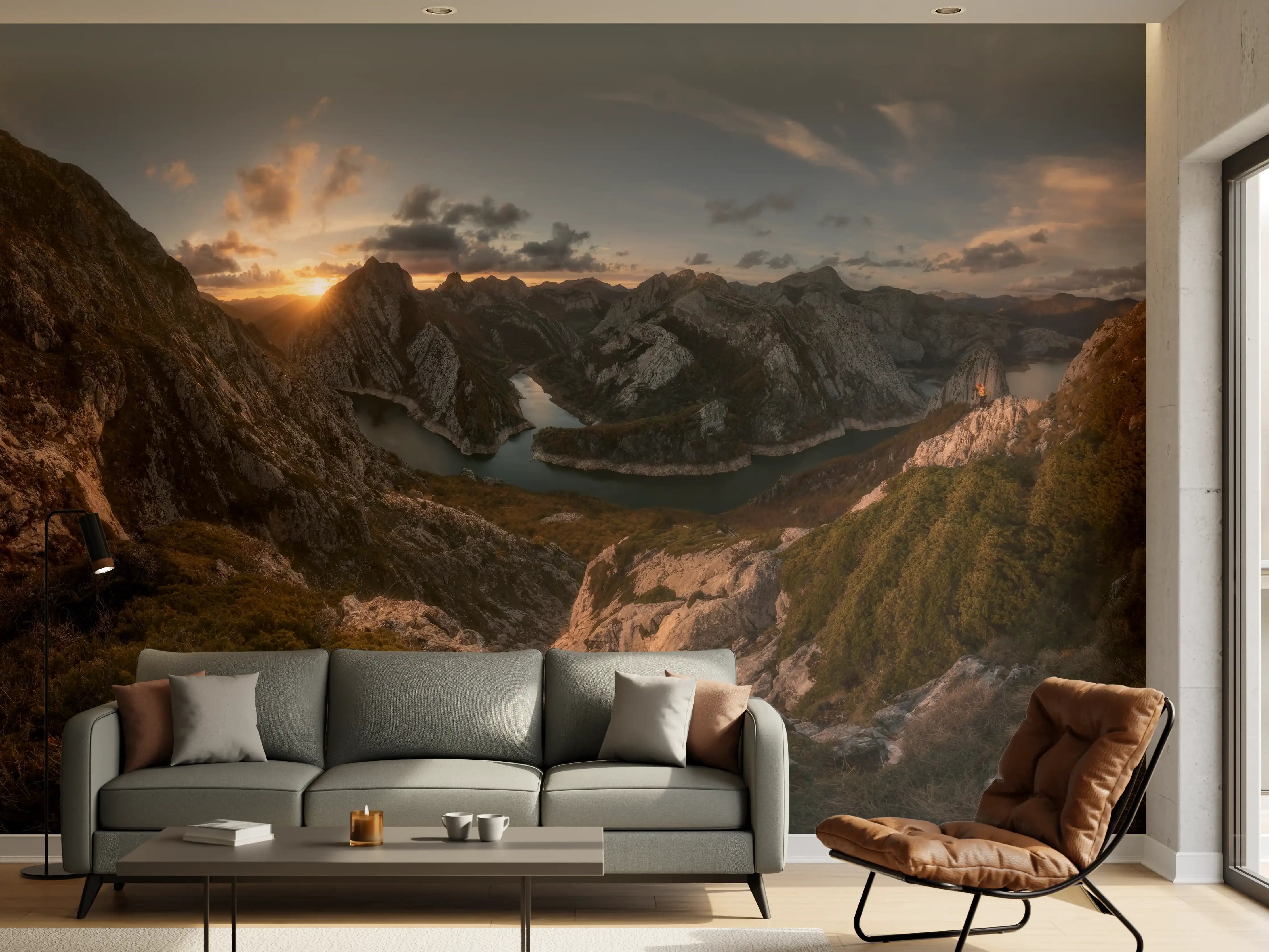 Wandverkleidung Wohnzimmer - Alpines Morgenrot am Bergsee