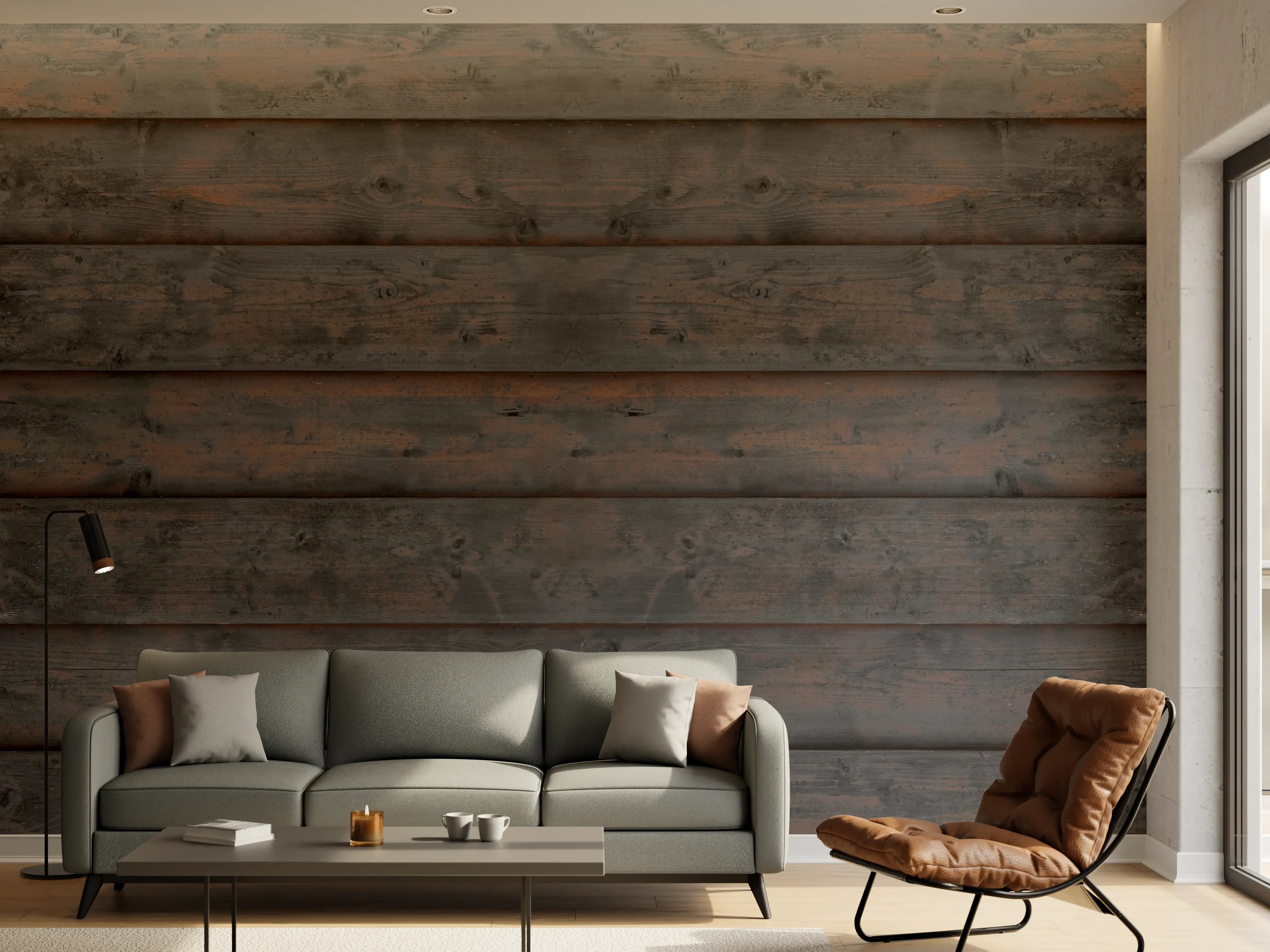 Wandverkleidung Wohnzimmer - Alt braun lackierte Holzbretter