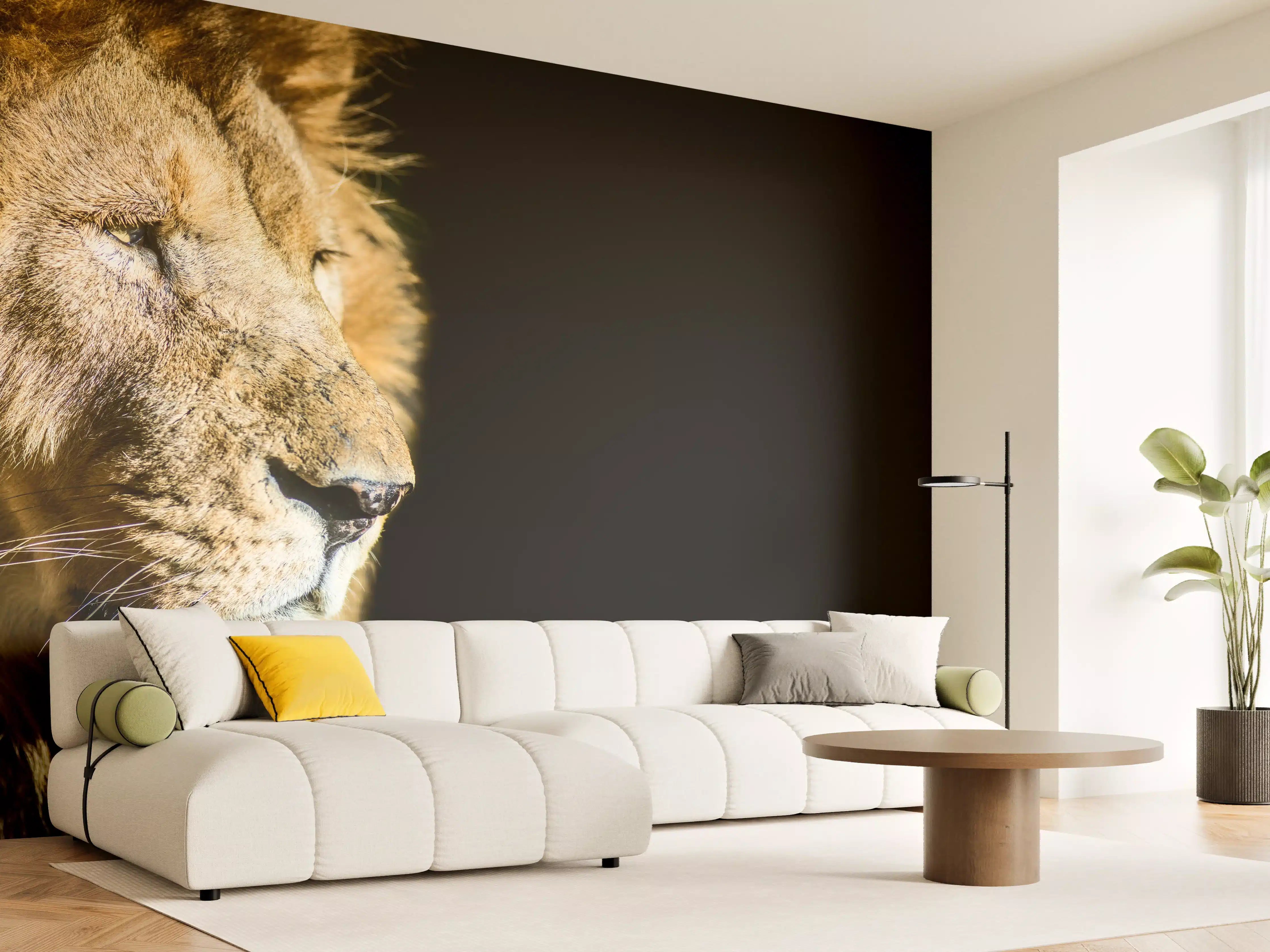 Wandverkleidung Wohnzimmer - Alter Löwe auf schwarzem Hintergrund
