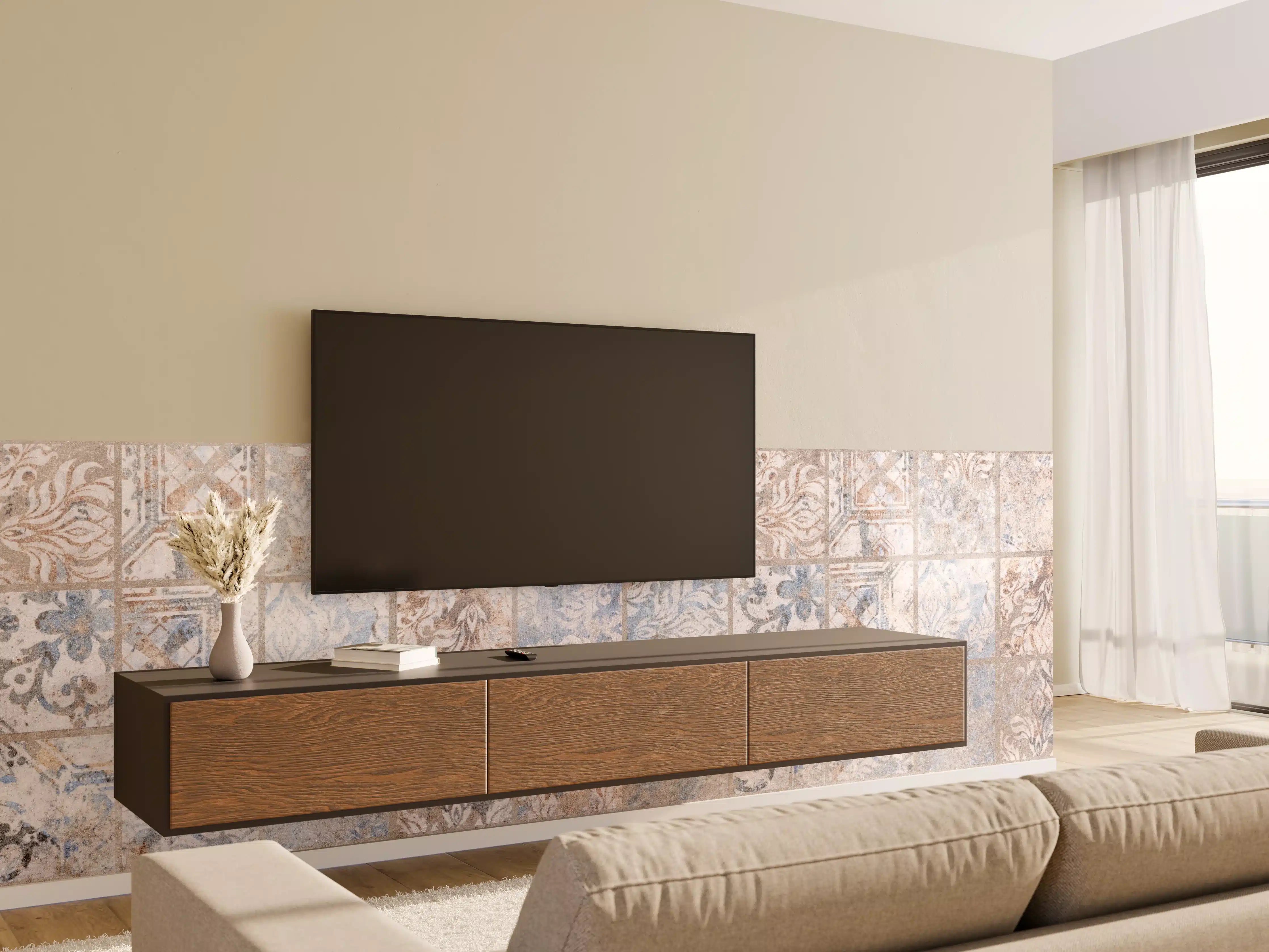 Wandverkleidung Wohnzimmer - Altes blau-braun Patchwork Motiv