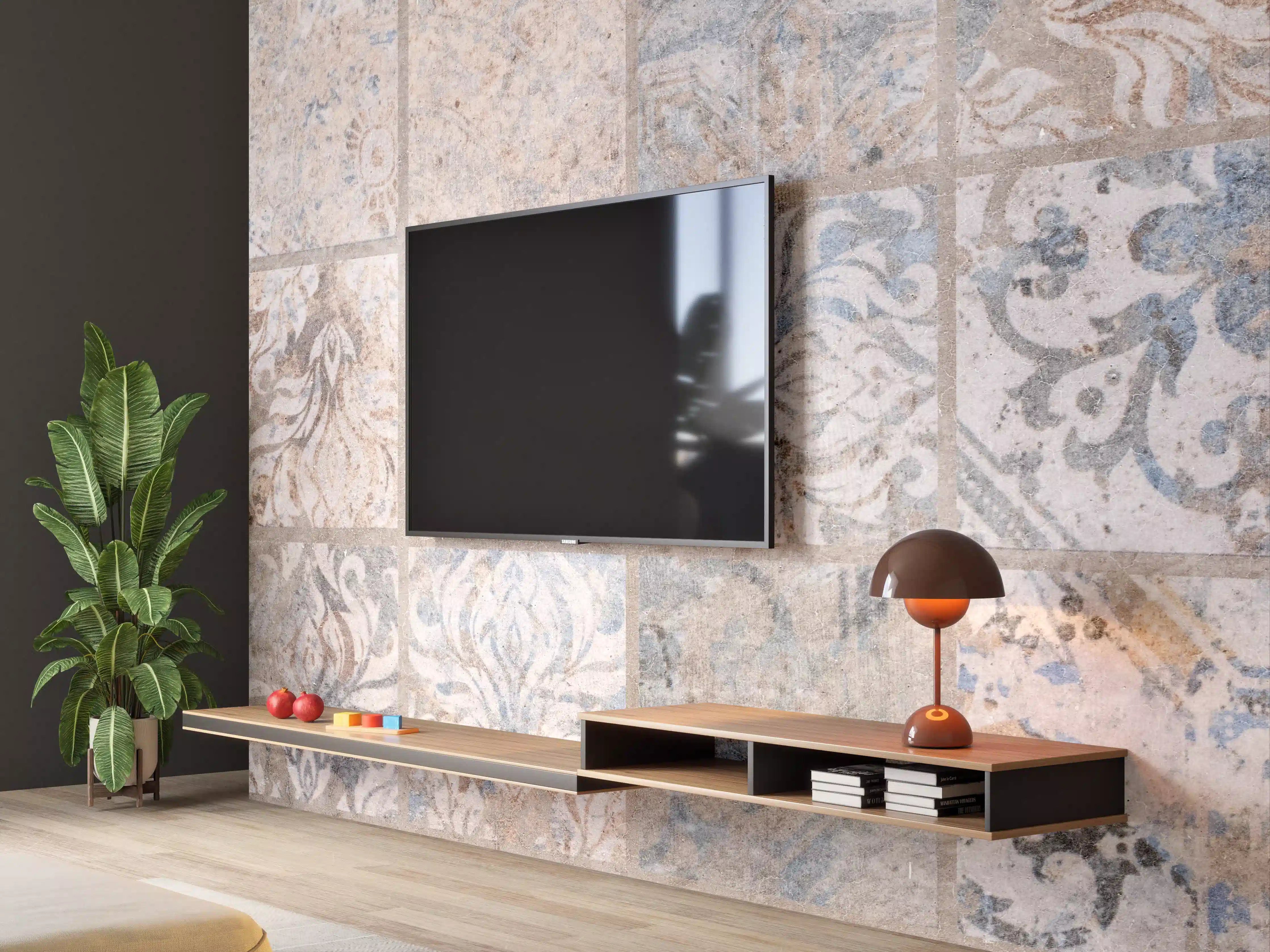 Wandverkleidung Wohnzimmer - Altes blau-braun Patchwork Motiv