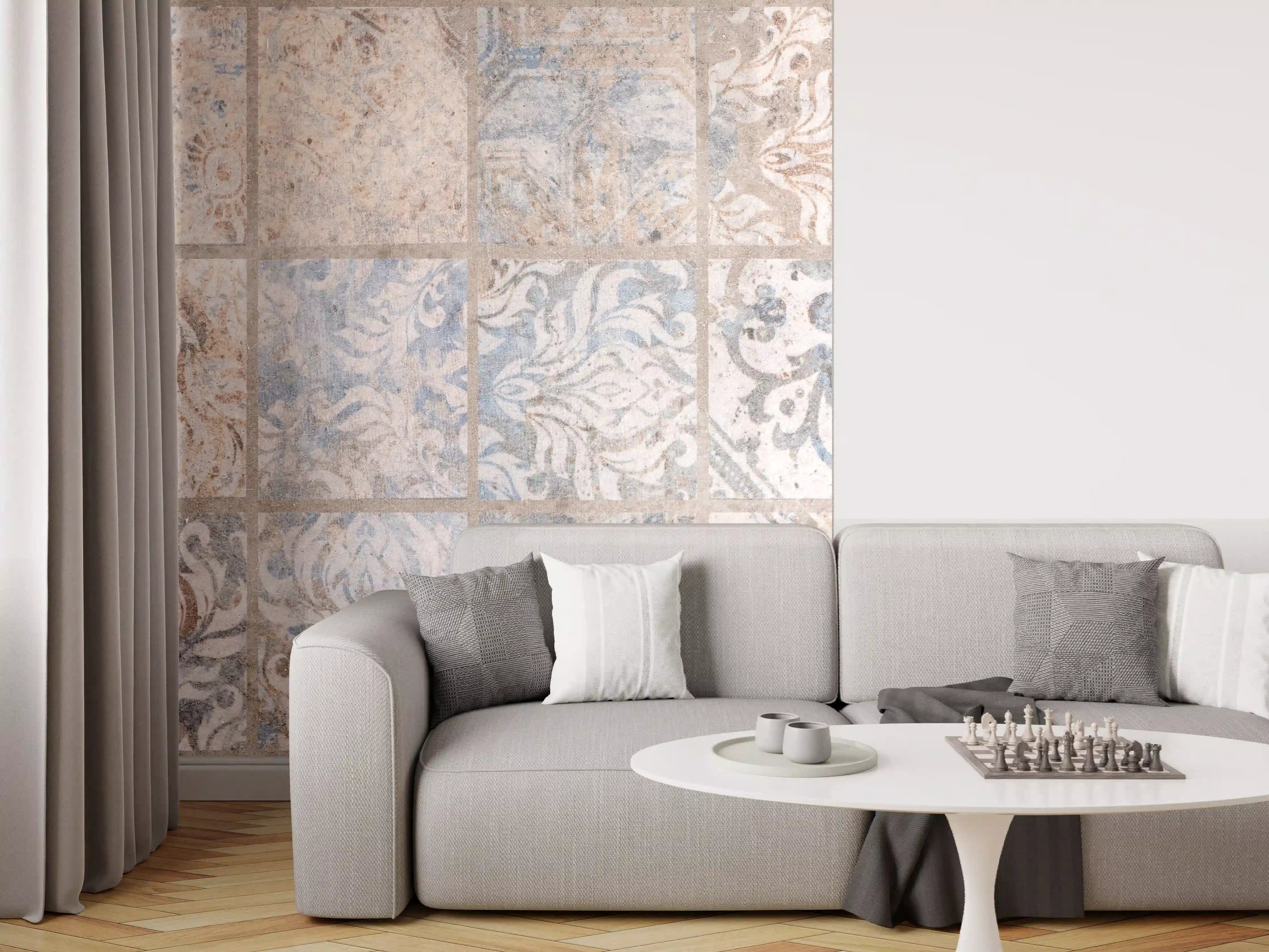 Wandverkleidung Wohnzimmer - Altes blau-braun Patchwork Motiv