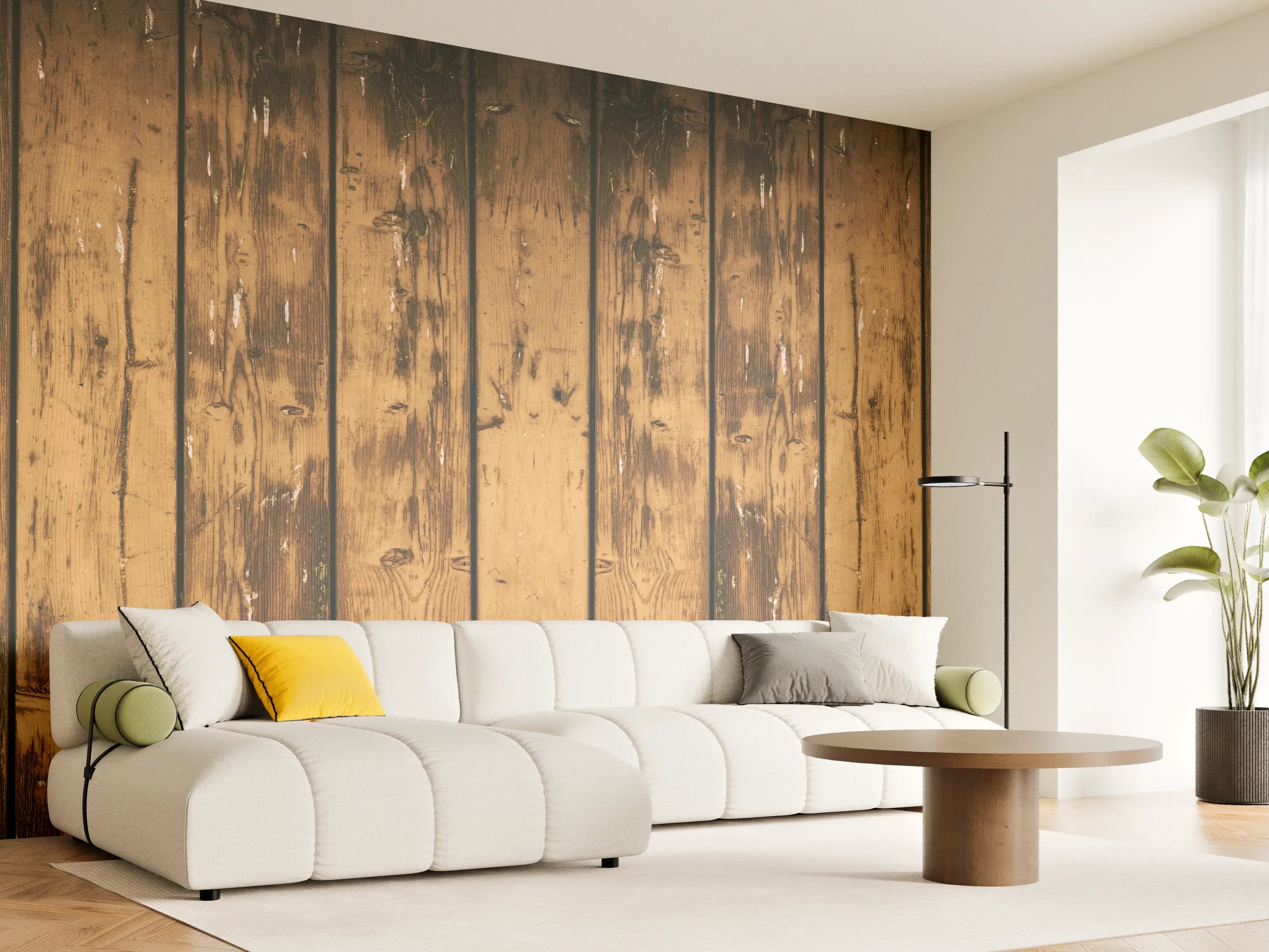 Wandverkleidung Wohnzimmer - Aneinandergereihte leicht angebrannte Holzplatten