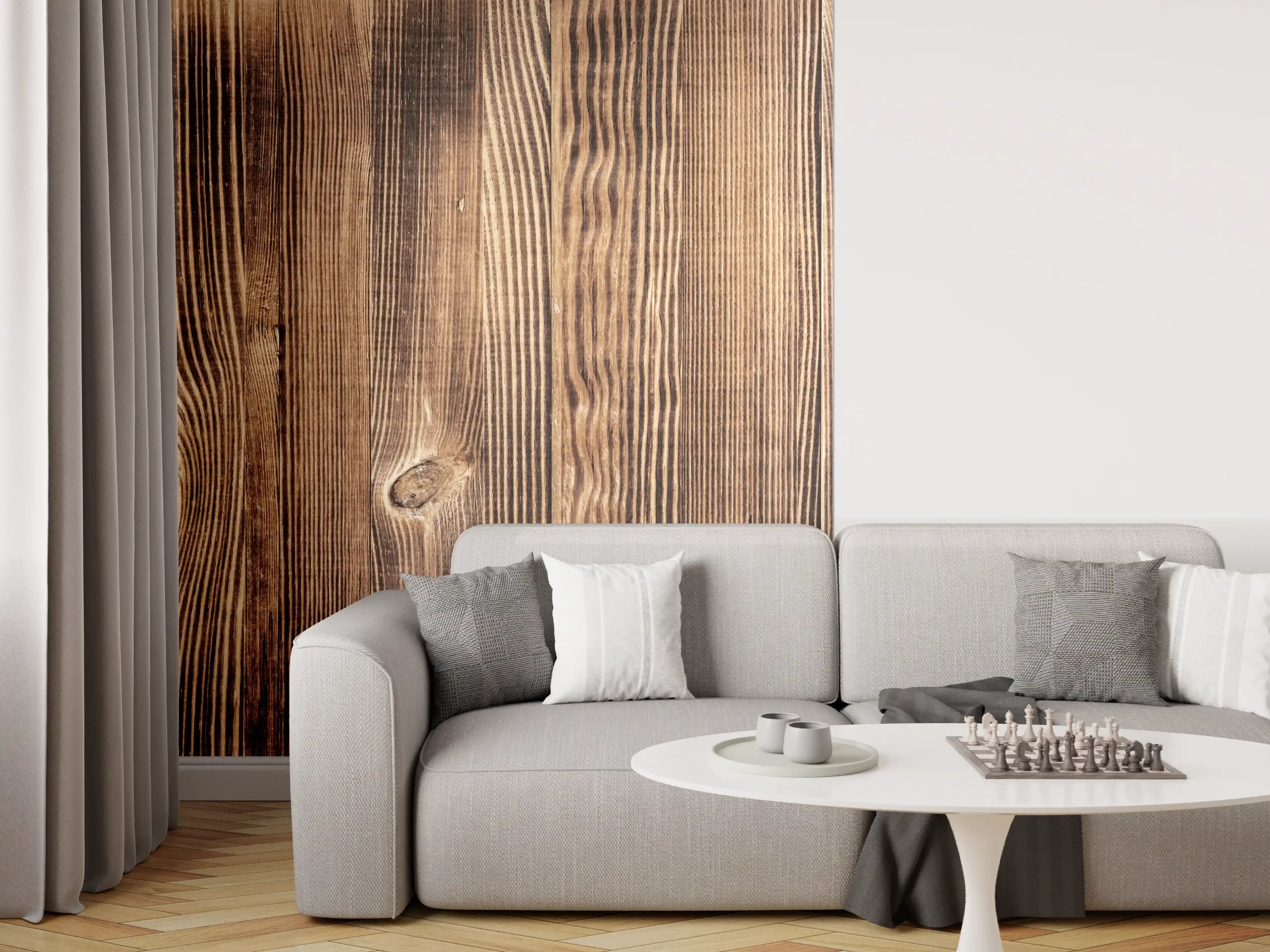 Wandverkleidung Wohnzimmer - Angebrannte Naturholzplatte