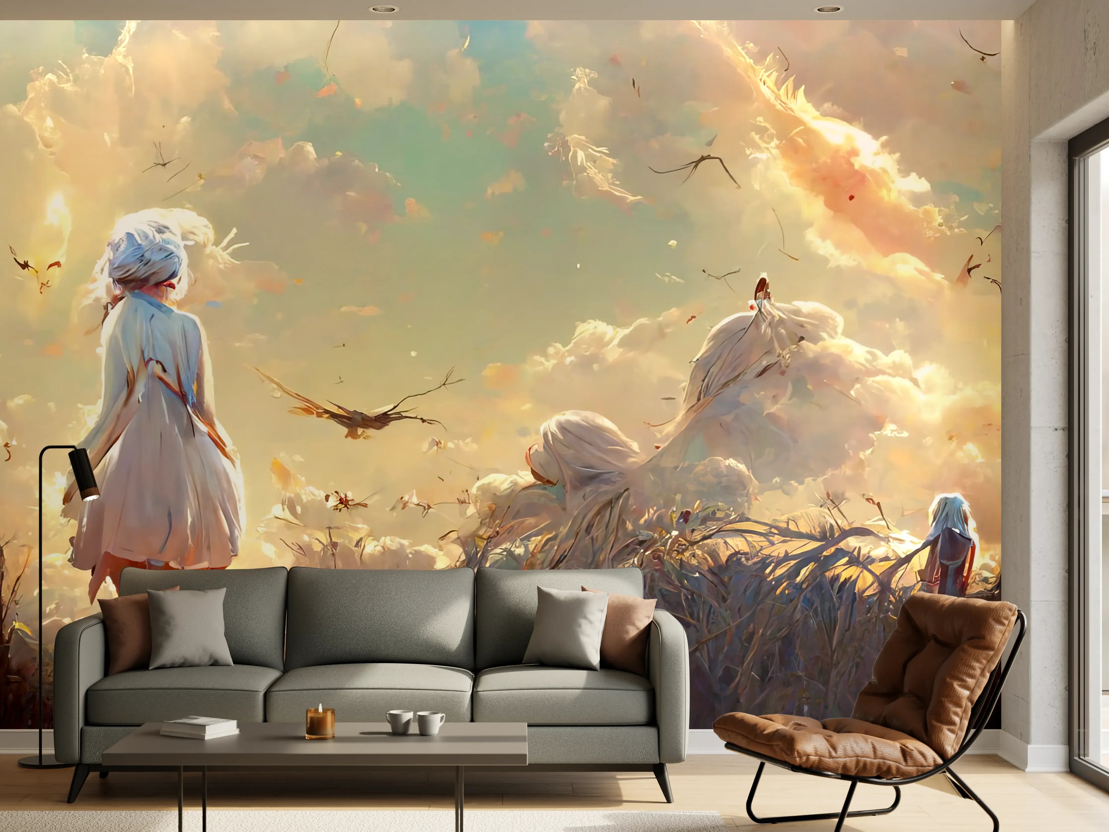 Wandverkleidung Wohnzimmer - Animierte Figuren bei Sonnenuntergang
