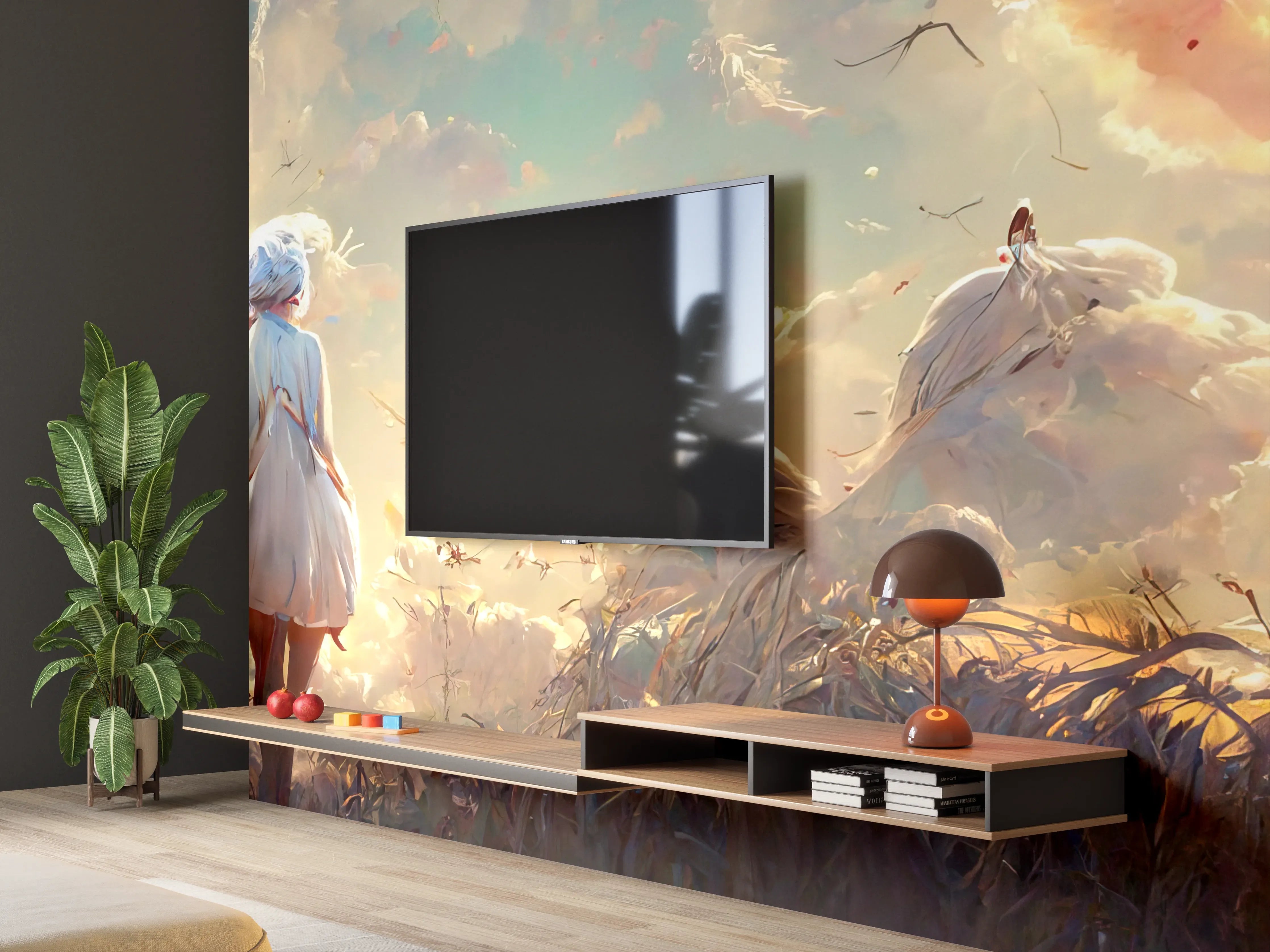 Wandverkleidung Wohnzimmer - Animierte Figuren bei Sonnenuntergang