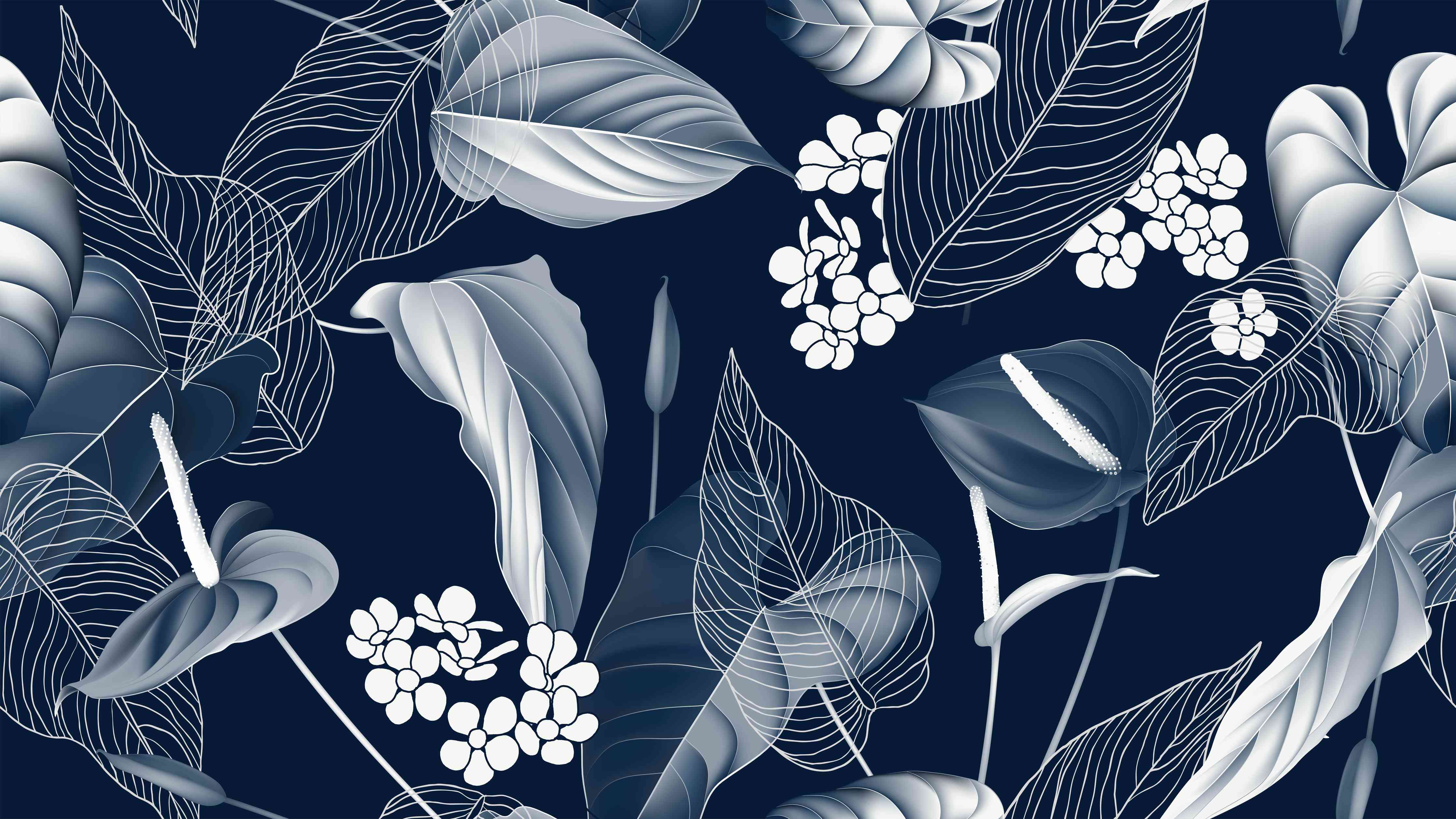 Wandverkleidung Wohnzimmer-Anthurium Blumen Dunkelblau Muster