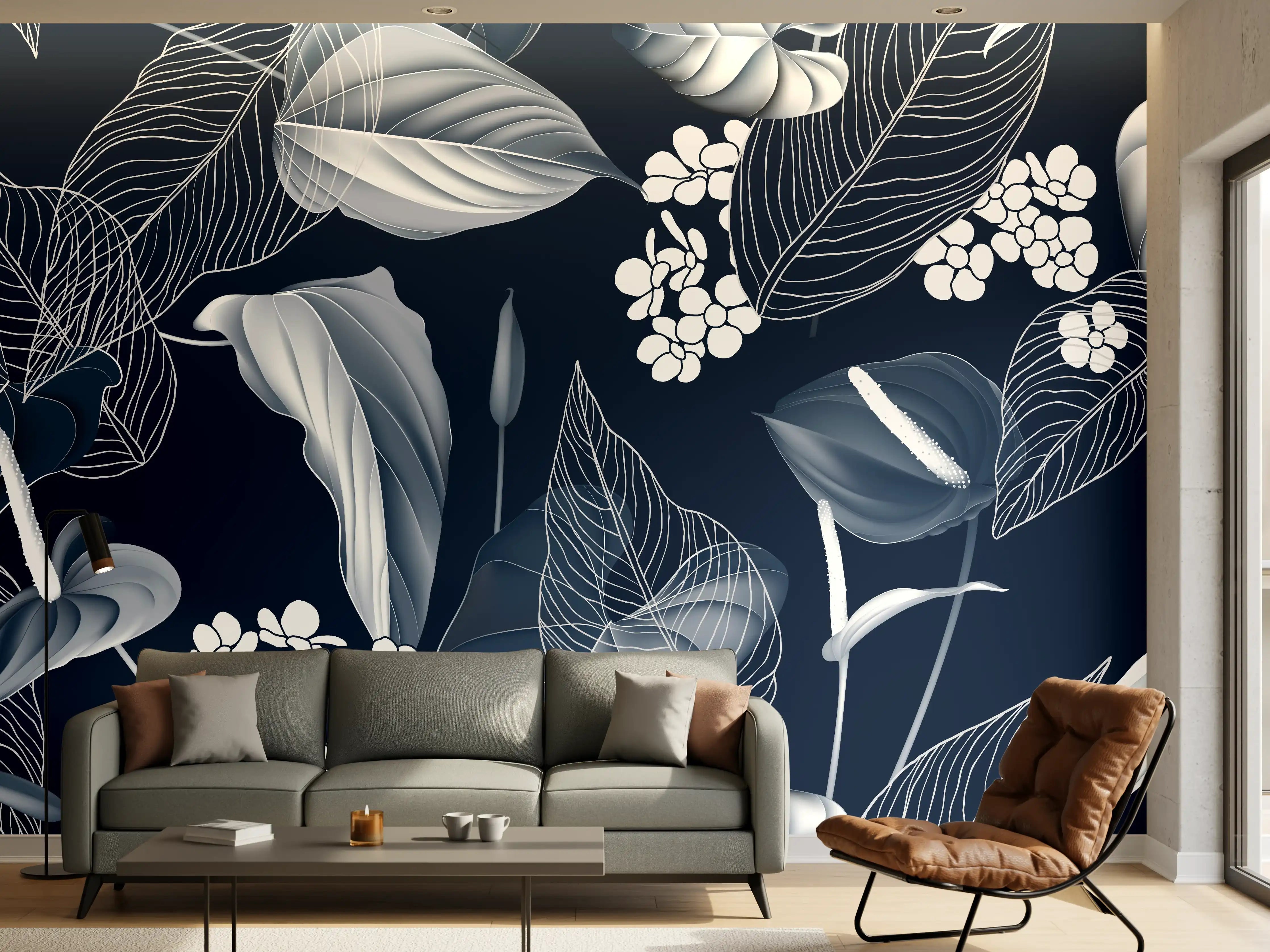 Wandverkleidung Wohnzimmer - Anthurium Blumen Dunkelblau Muster