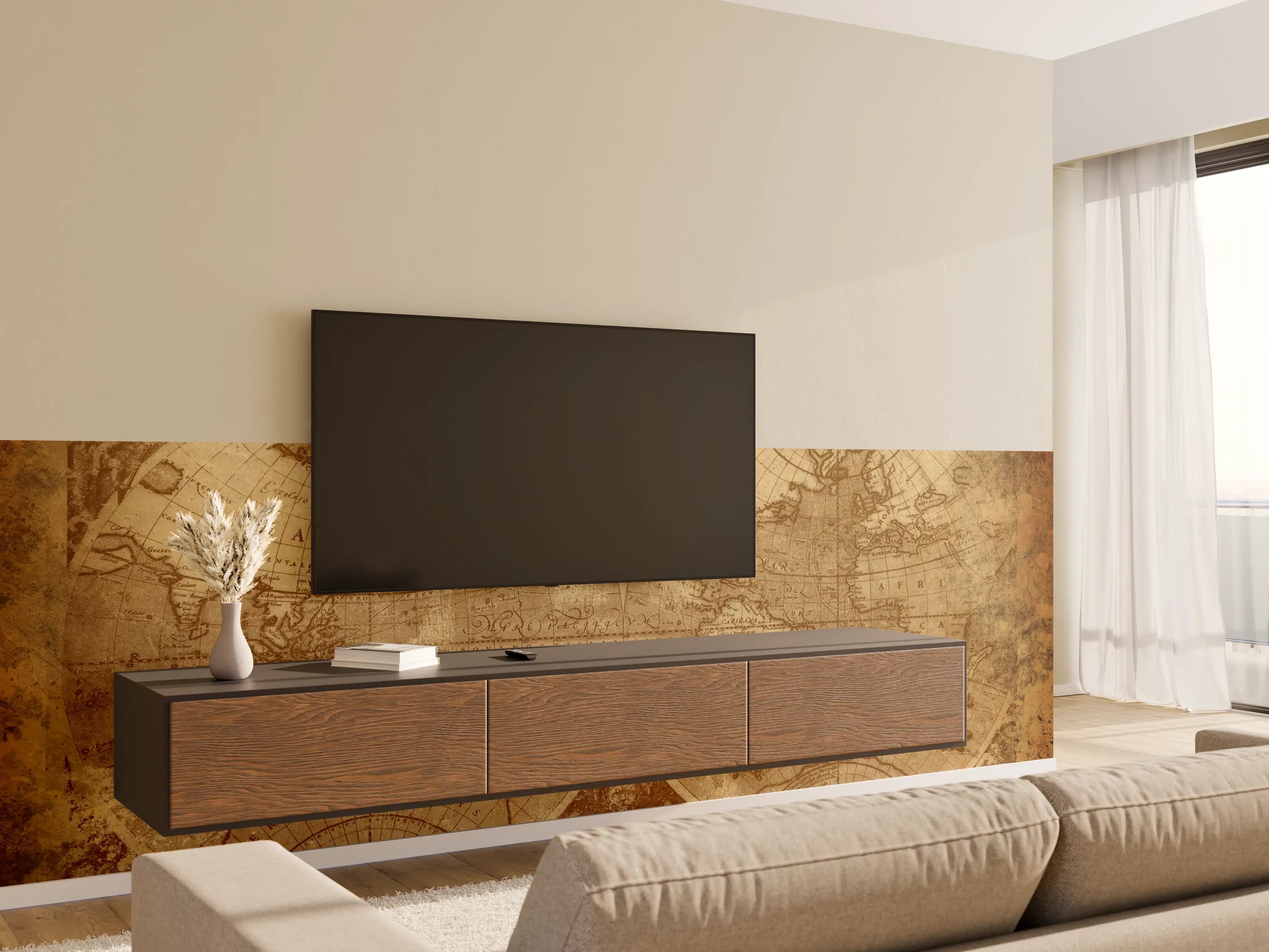 Wandverkleidung Wohnzimmer - Antike Weltkarte mit sepia Farbton