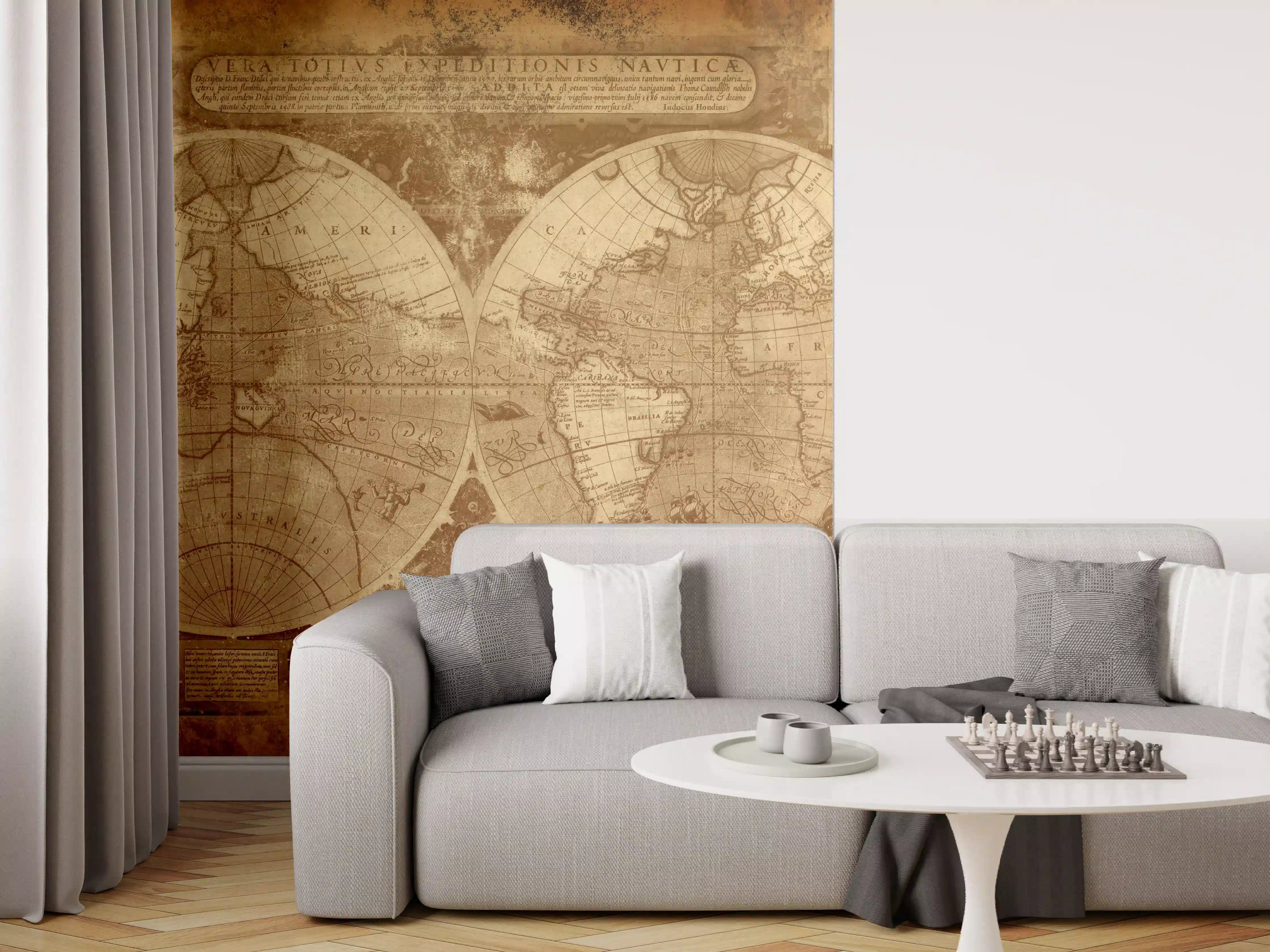 Wandverkleidung Wohnzimmer - Antike Weltkarte mit sepia Farbton