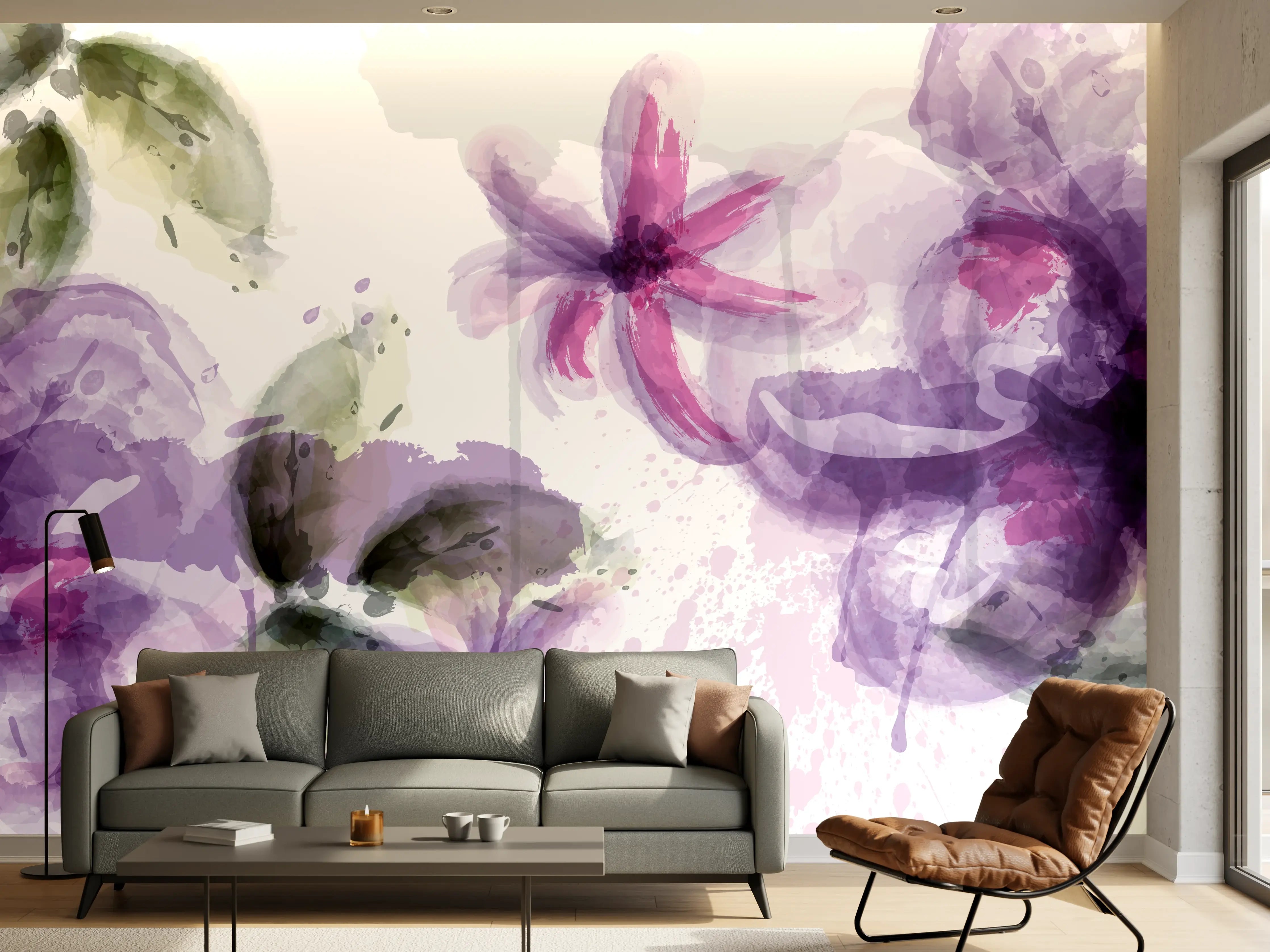 Wandverkleidung Wohnzimmer - Aquarall Blumen