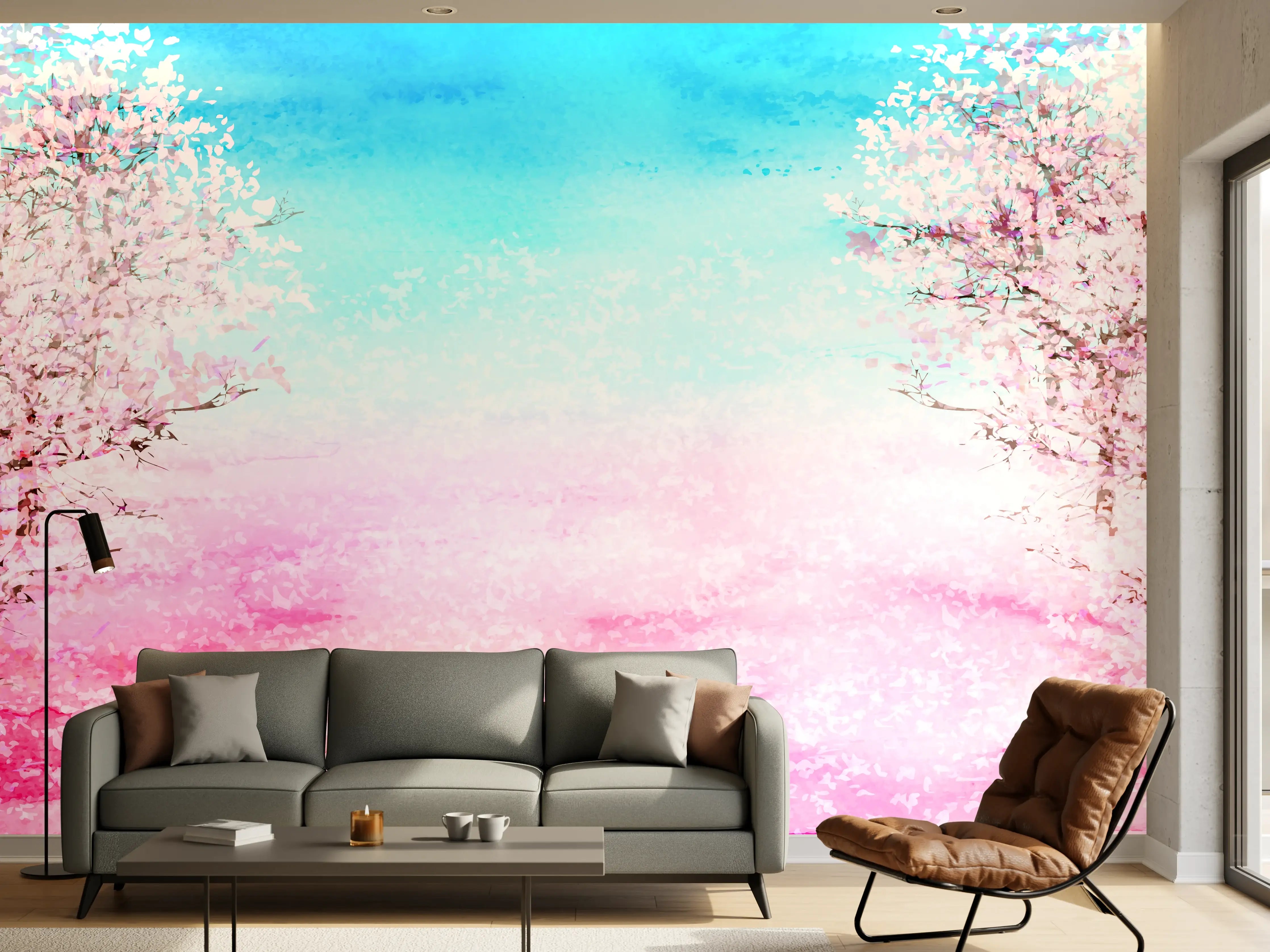 Wandverkleidung Wohnzimmer - Aquarell Frühlingsbaum Rosa