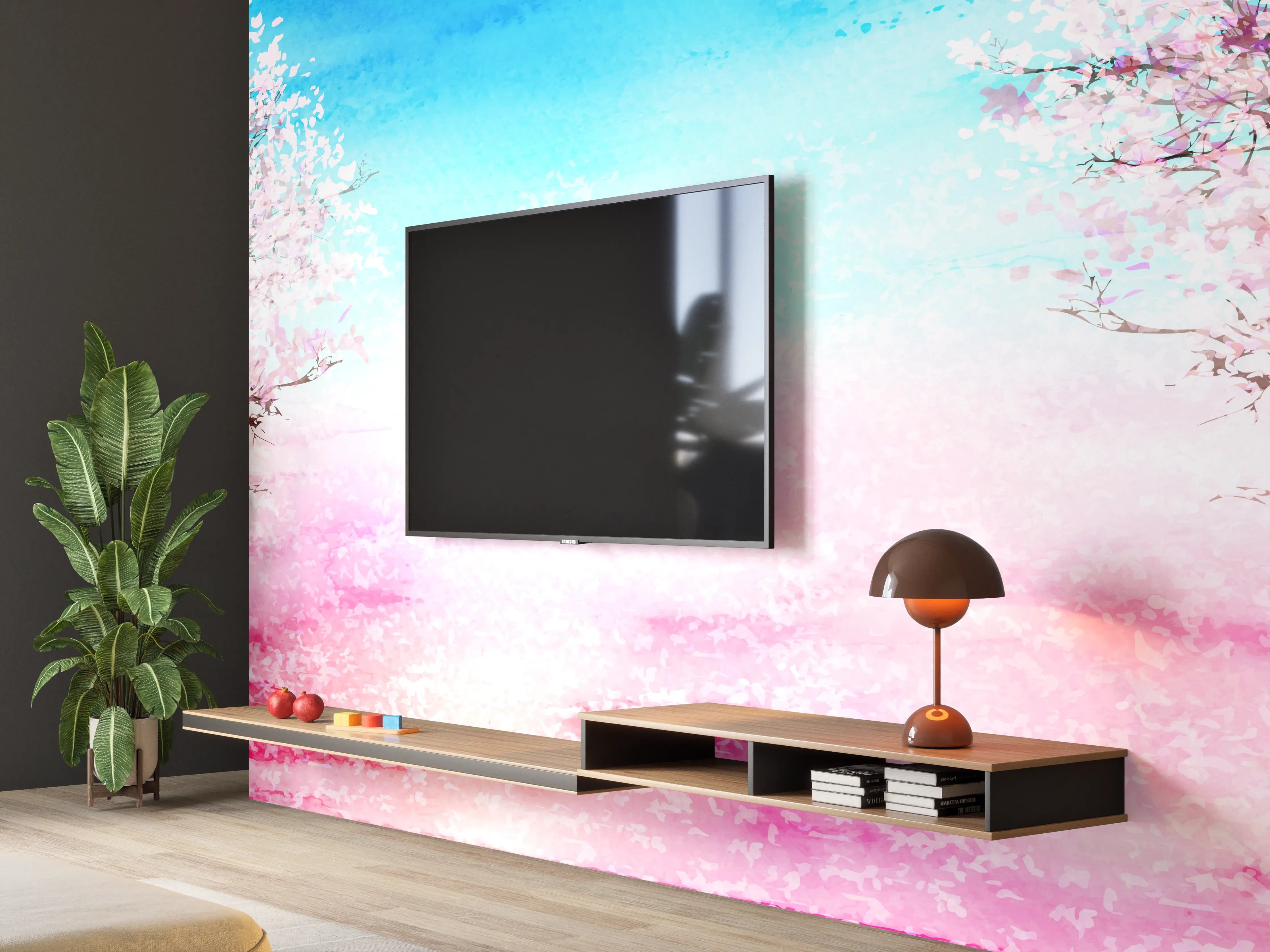 Wandverkleidung Wohnzimmer - Aquarell Frühlingsbaum Rosa