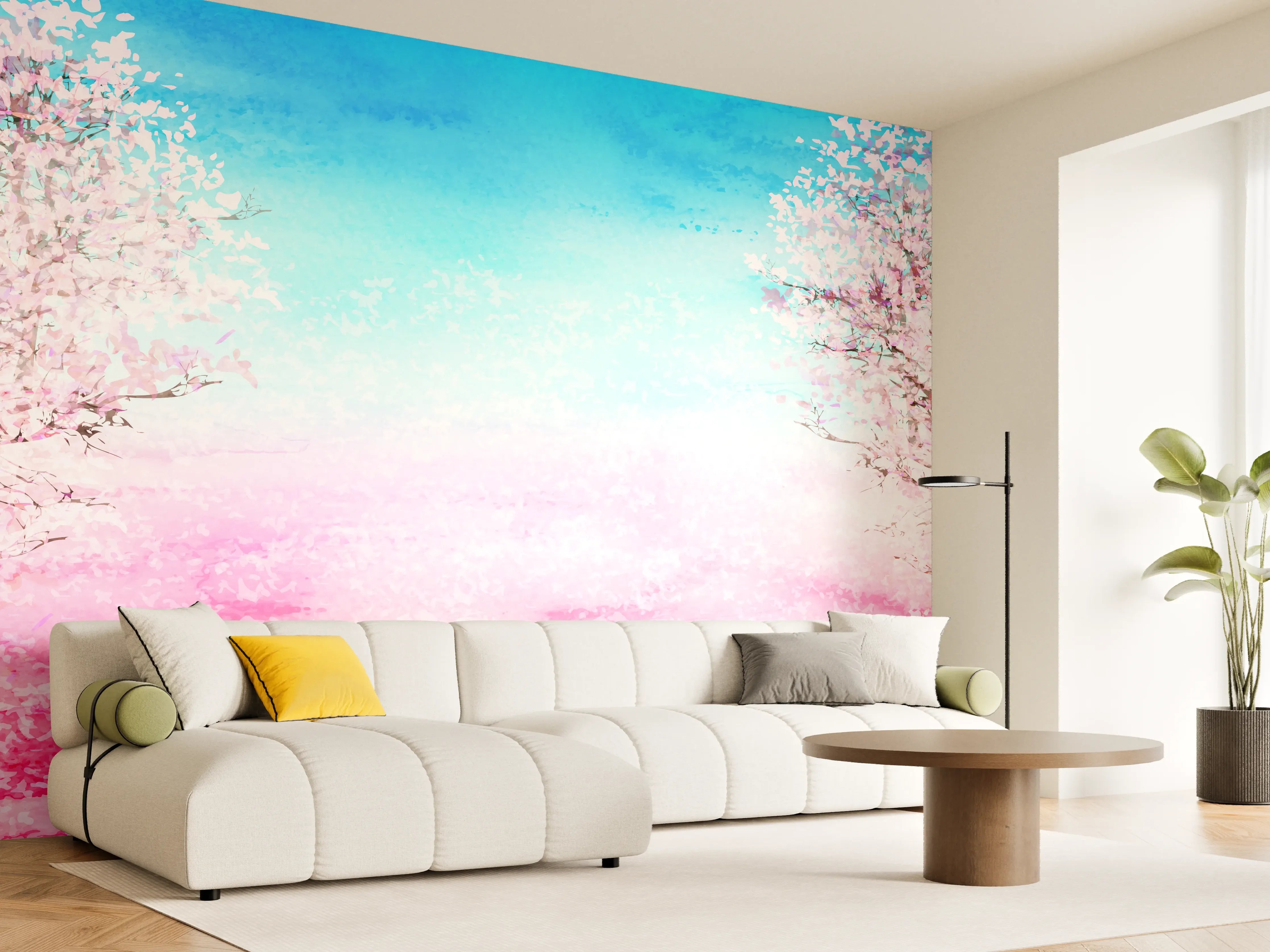 Wandverkleidung Wohnzimmer - Aquarell Frühlingsbaum Rosa