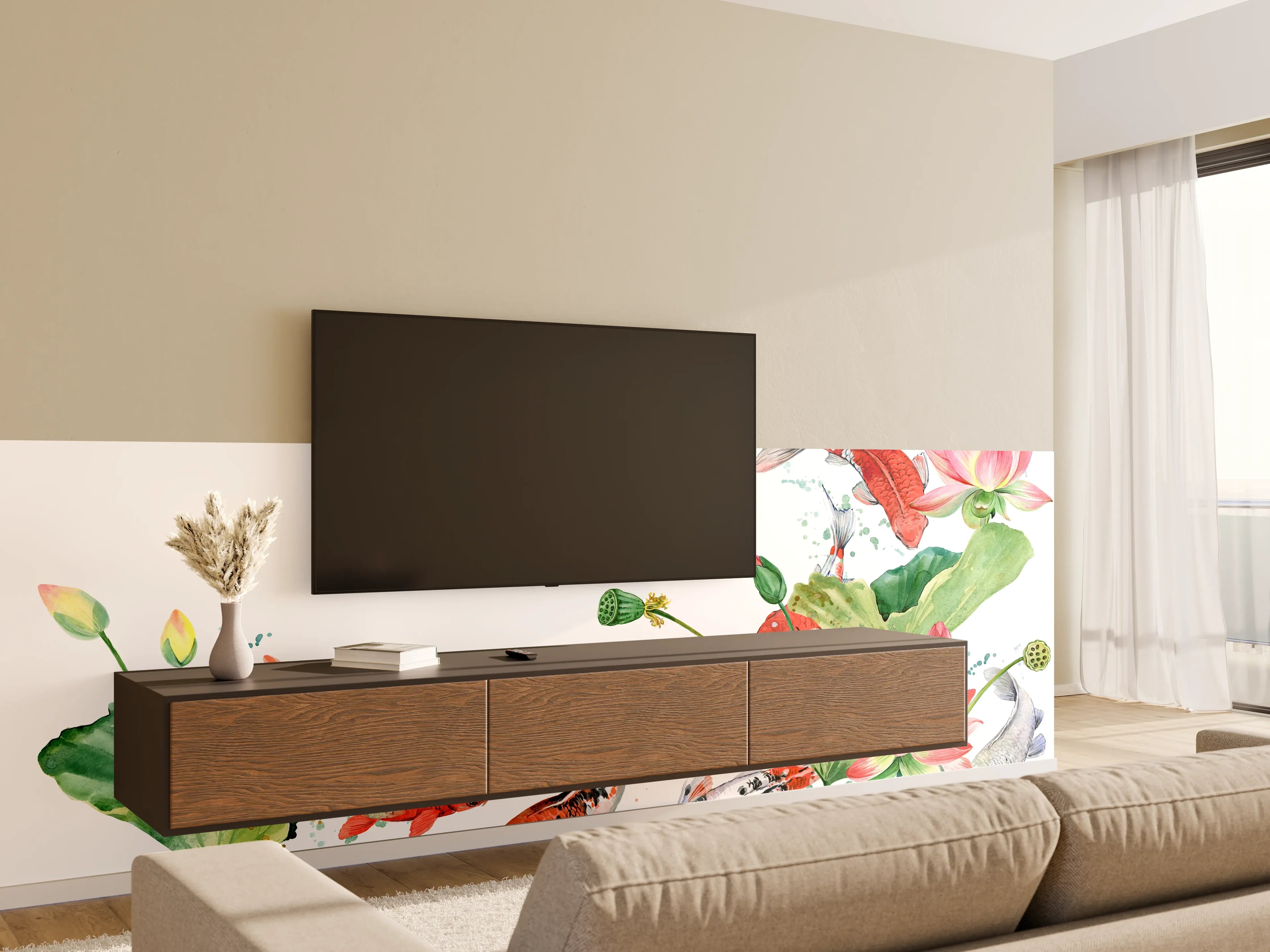 Wandverkleidung Wohnzimmer - Aquarell Koi Karpfen und Lotusblume