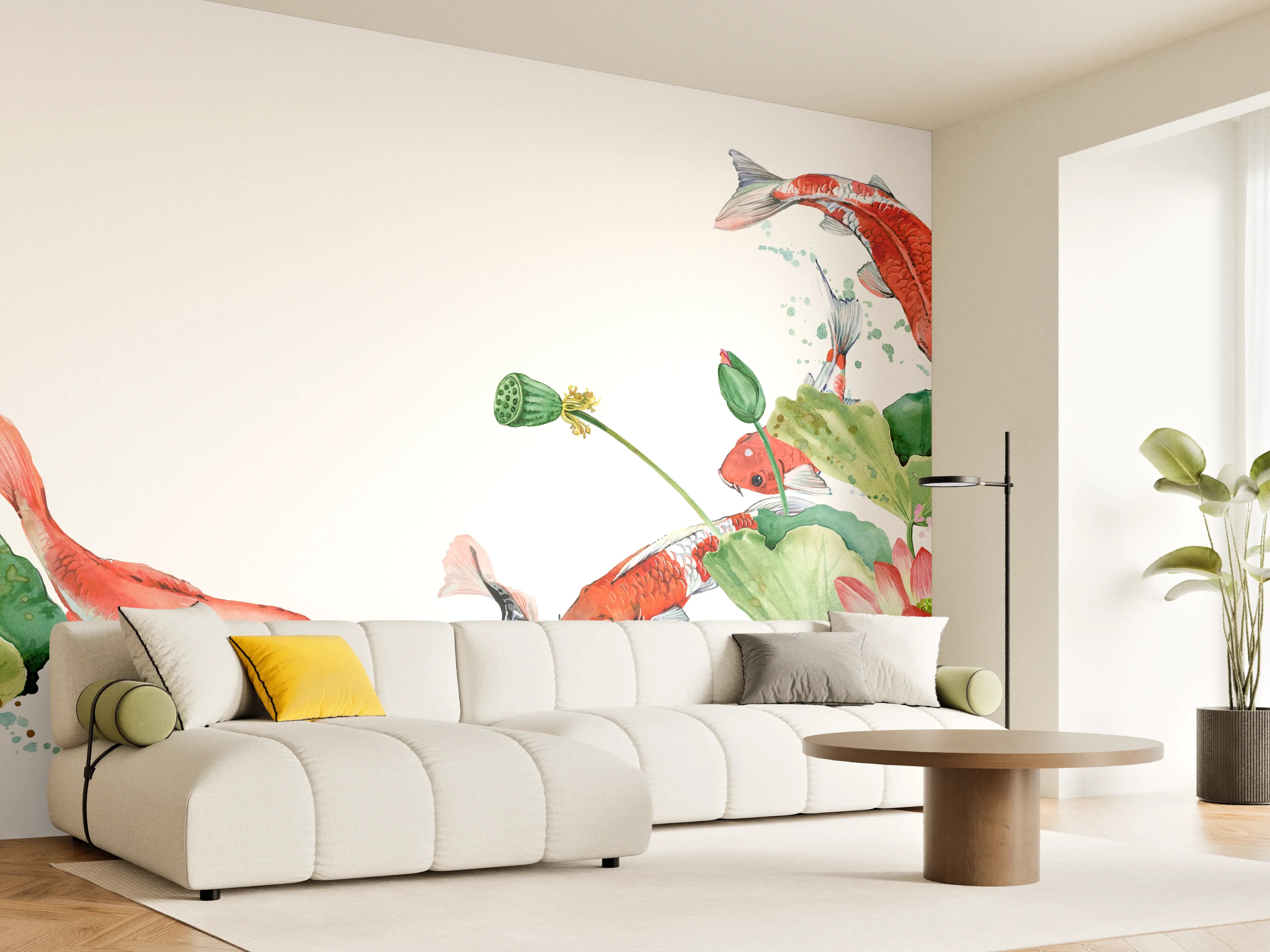 Wandverkleidung Wohnzimmer - Aquarell Koi Karpfen und Lotusblume