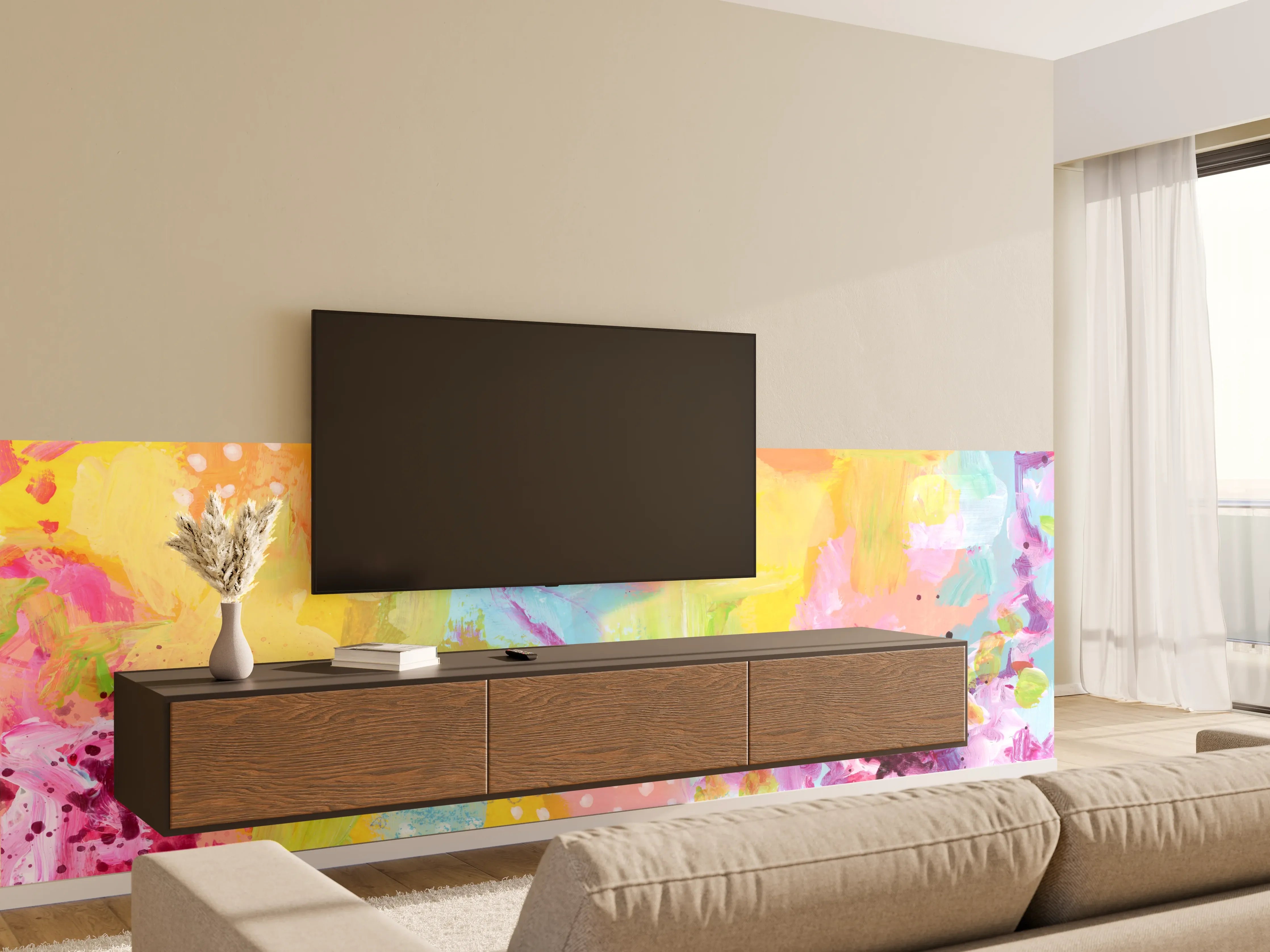 Wandverkleidung Wohnzimmer - Aquarell Kunstmalerei - Bunt