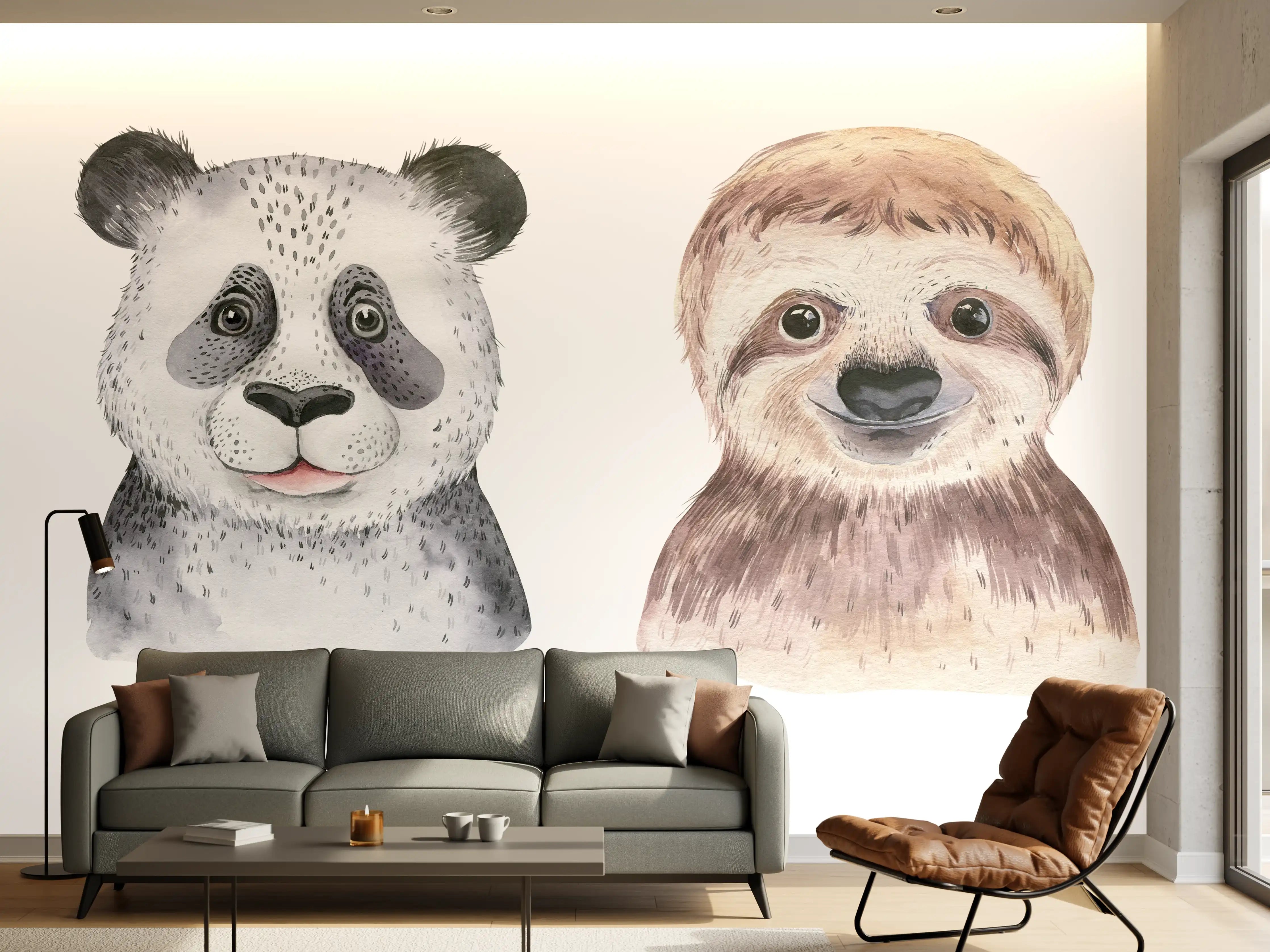 Wandverkleidung Wohnzimmer - Aquarell Tierbabys Illustration