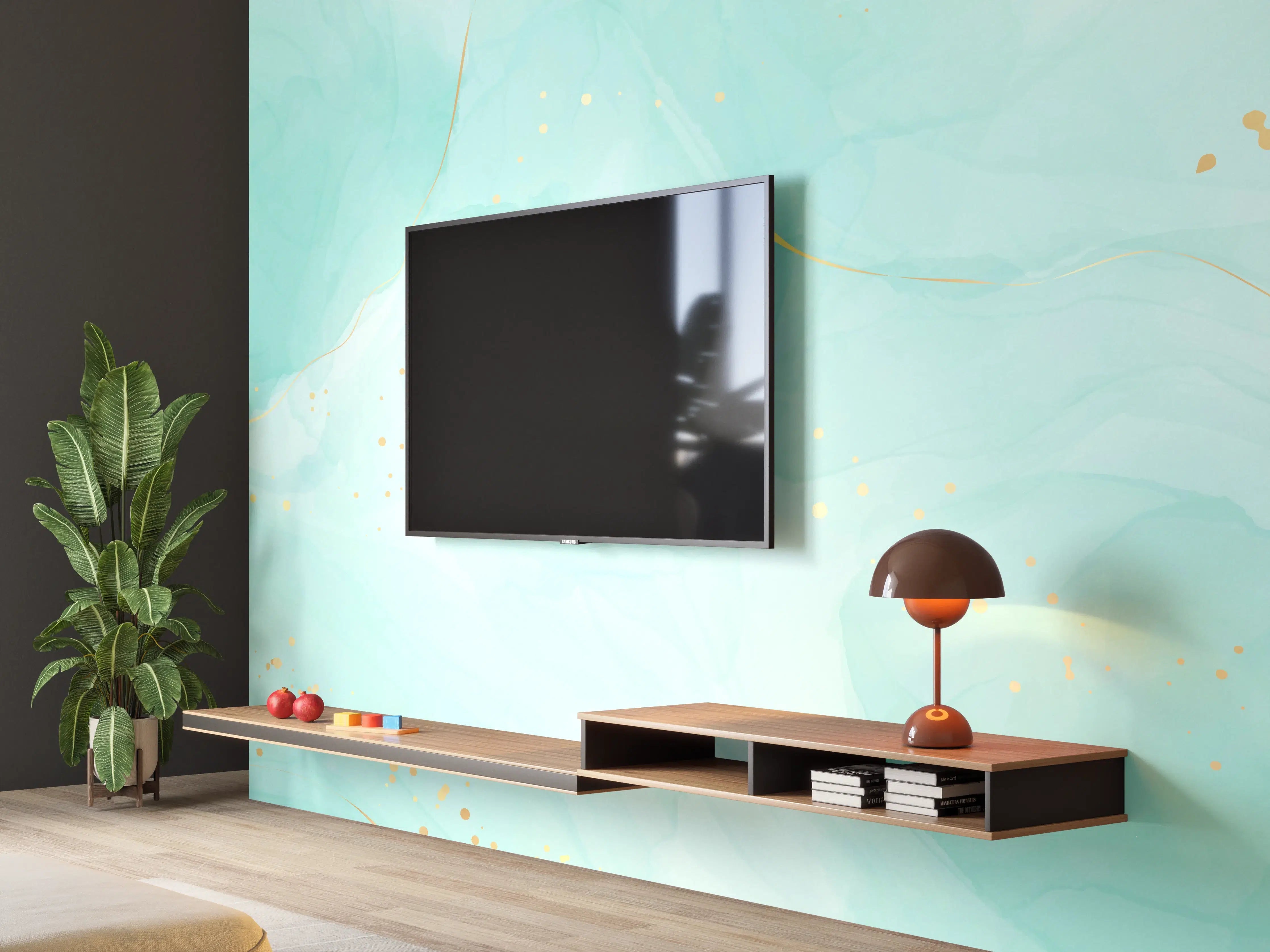 Wandverkleidung Wohnzimmer - Aquarell-Türkis-Gold-Abstrakt