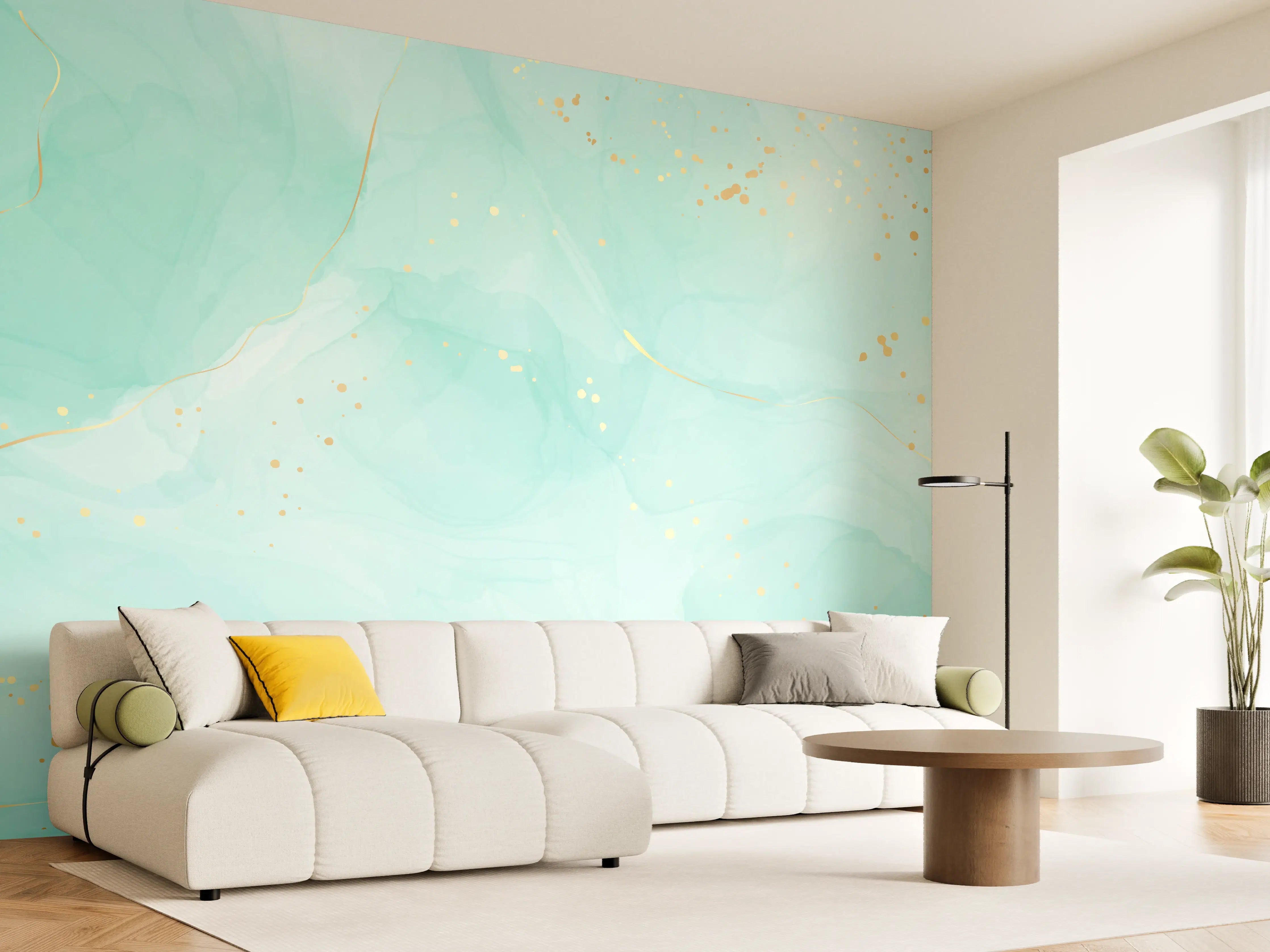 Wandverkleidung Wohnzimmer - Aquarell-Türkis-Gold-Abstrakt