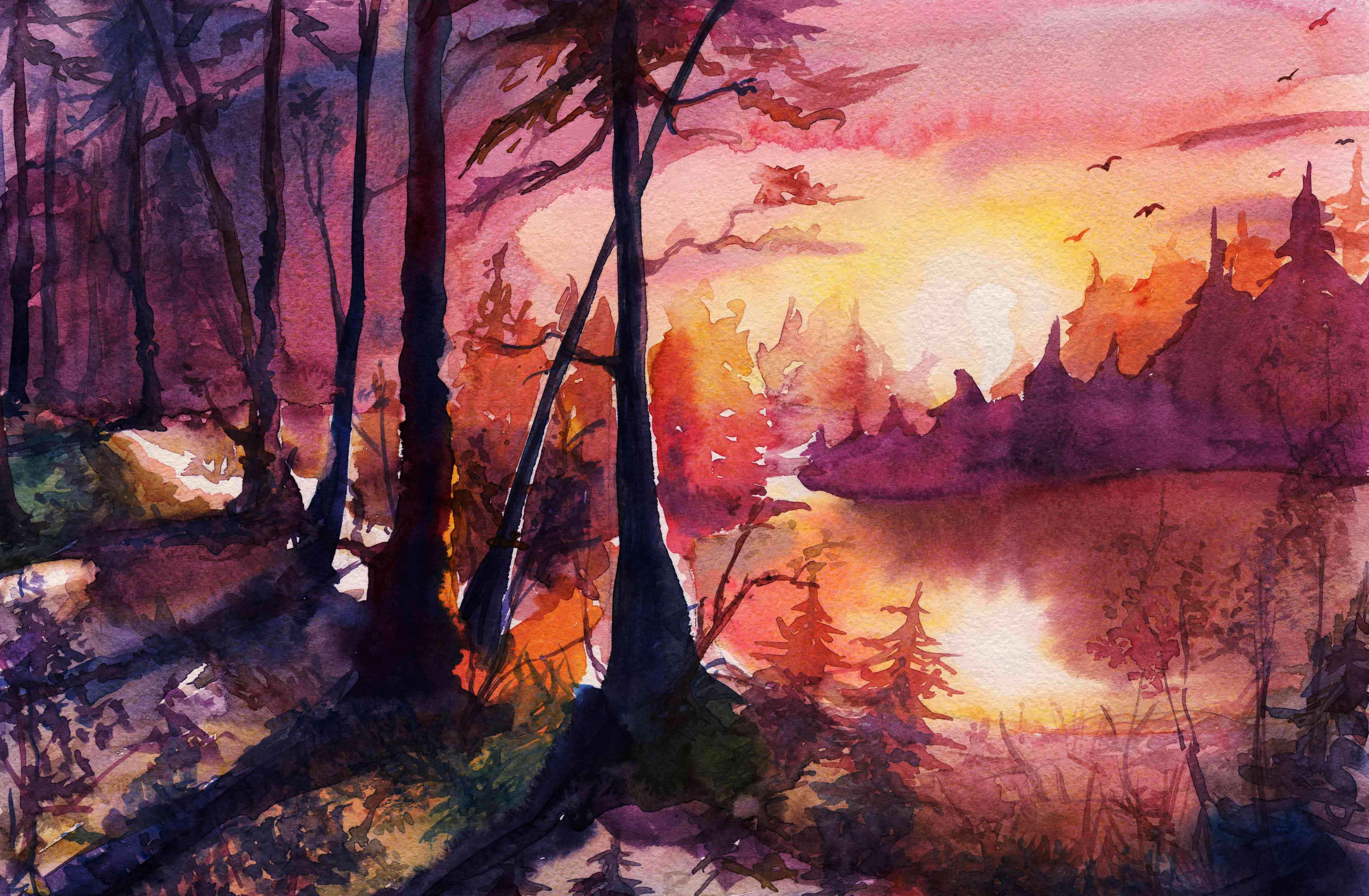 Wandverkleidung Wohnzimmer-Aquarell Waldlandschaft Malerei