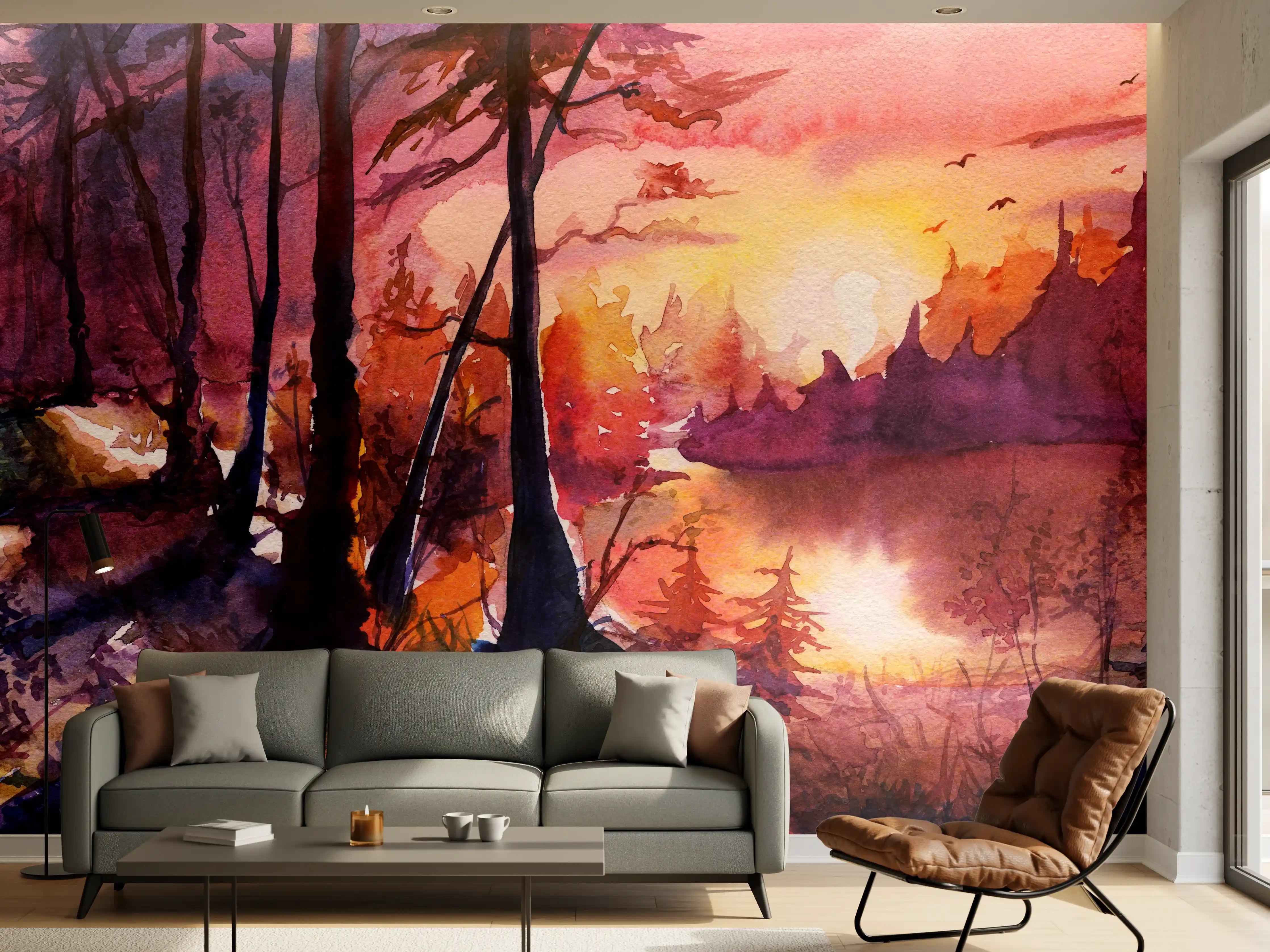 Wandverkleidung Wohnzimmer - Aquarell Waldlandschaft Malerei