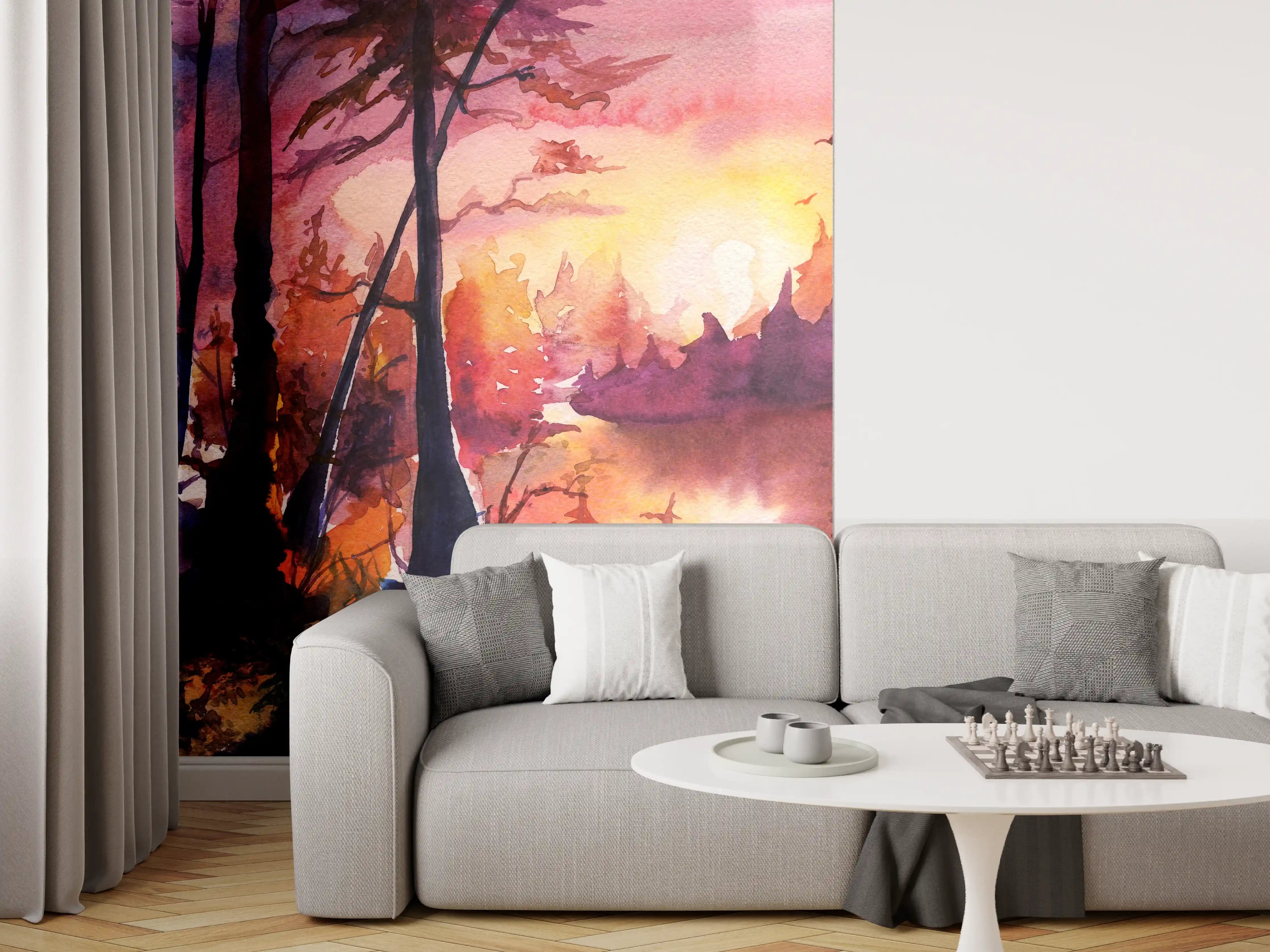 Wandverkleidung Wohnzimmer - Aquarell Waldlandschaft Malerei