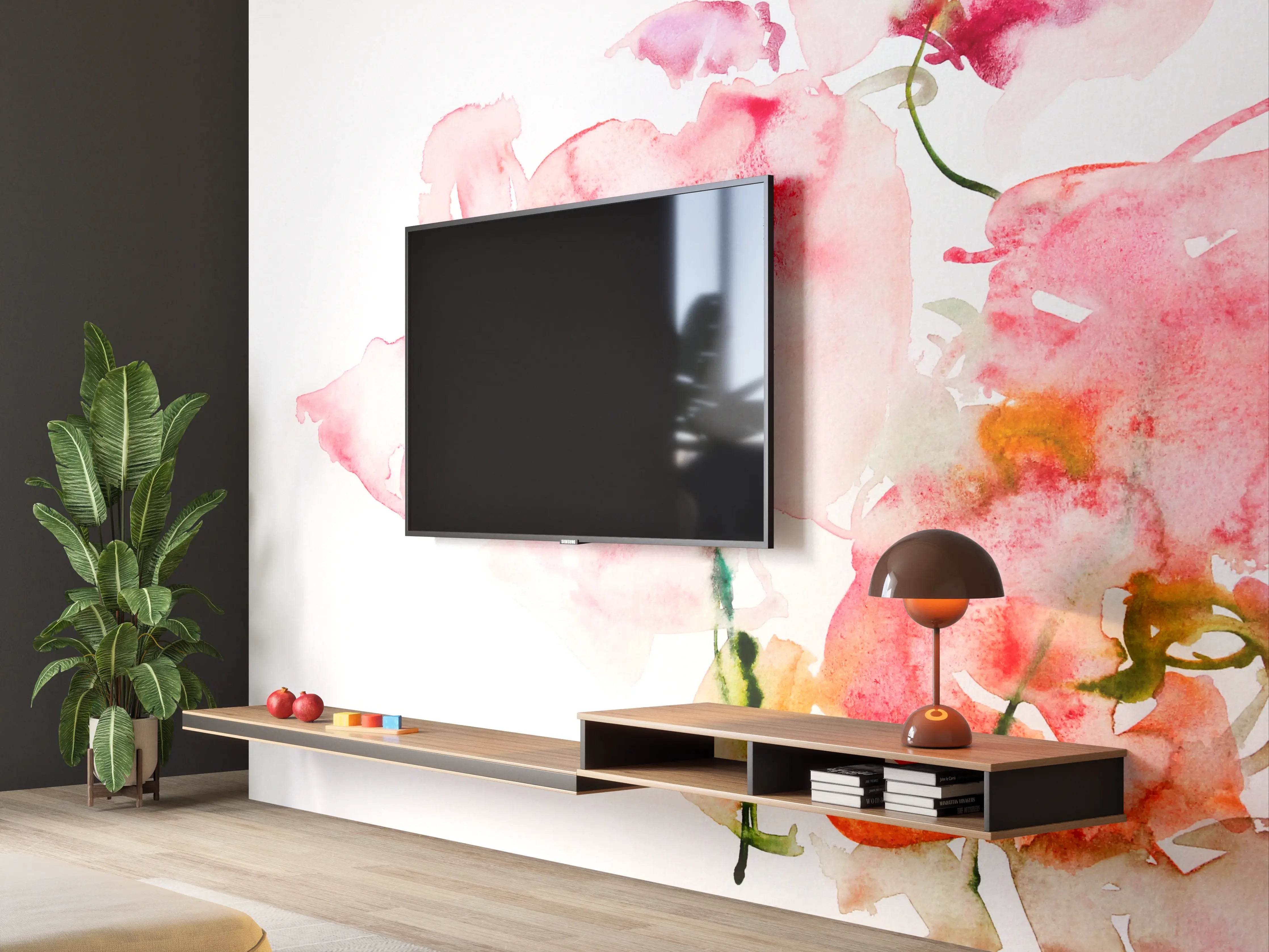 Wandverkleidung Wohnzimmer - Aquarellartige Blumenmalerei mit sanften Pinktönen