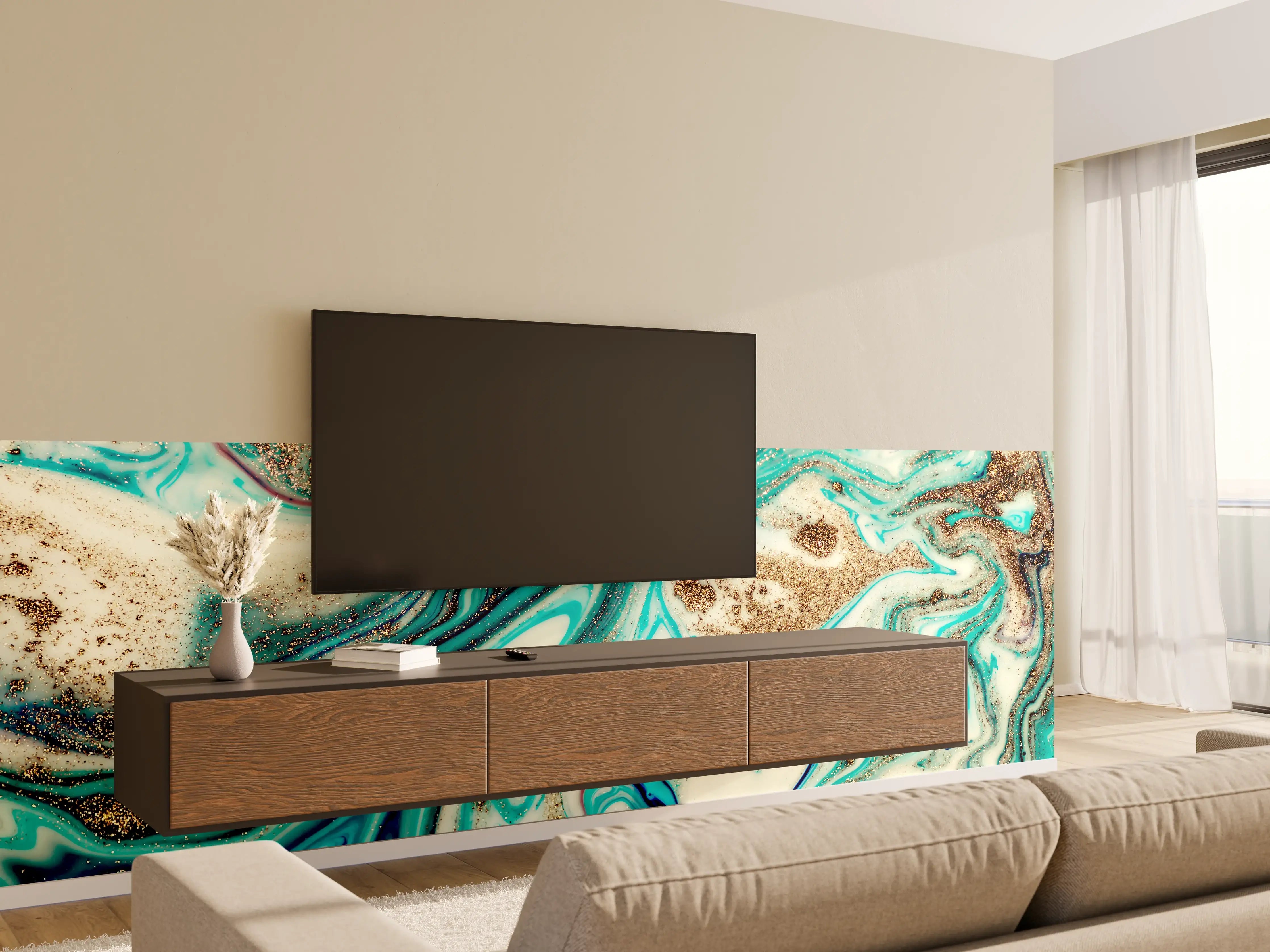 Wandverkleidung Wohnzimmer - Aquarellartige Farbexplosion in Blau und Gold