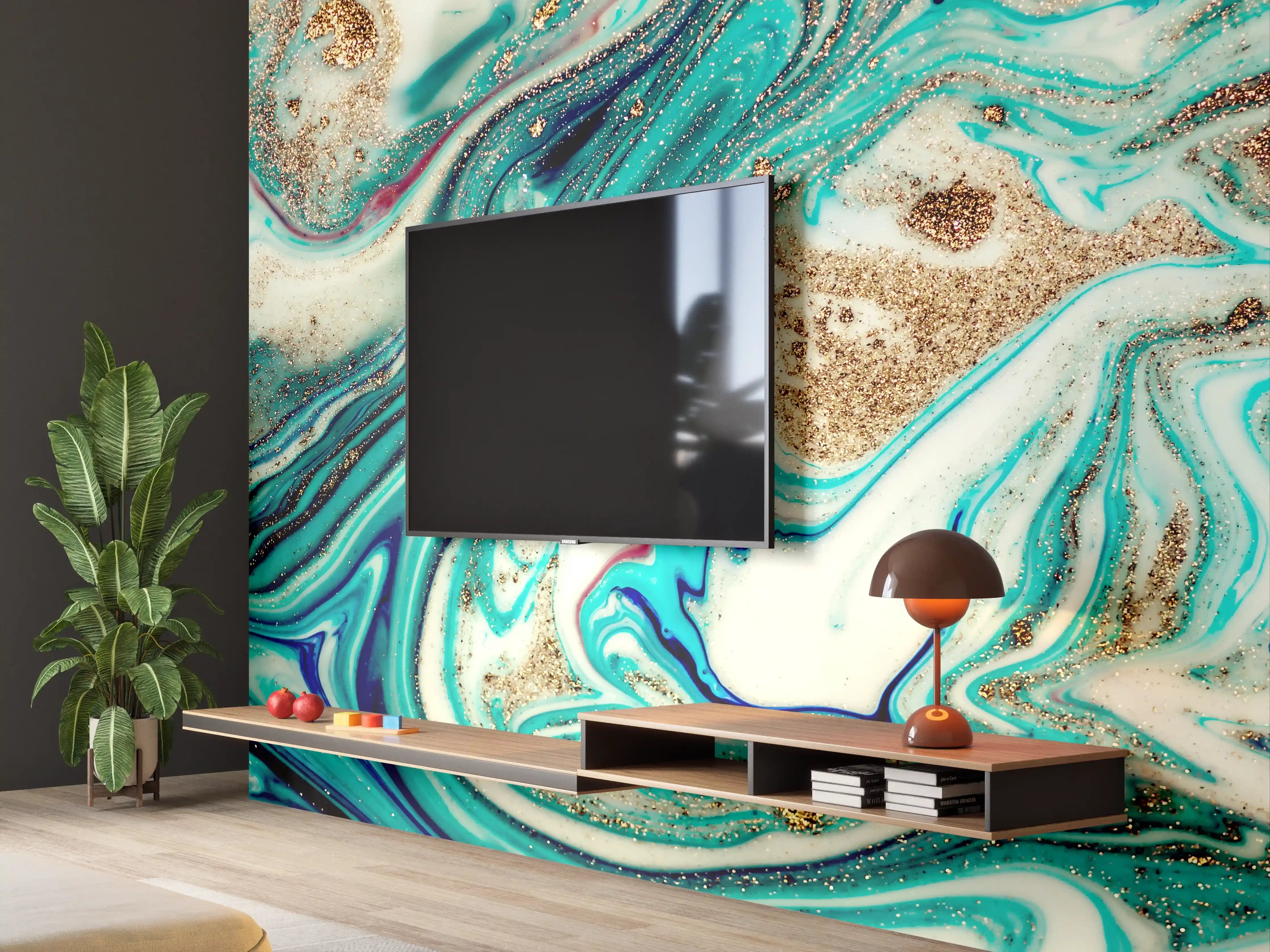 Wandverkleidung Wohnzimmer - Aquarellartige Farbexplosion in Blau und Gold