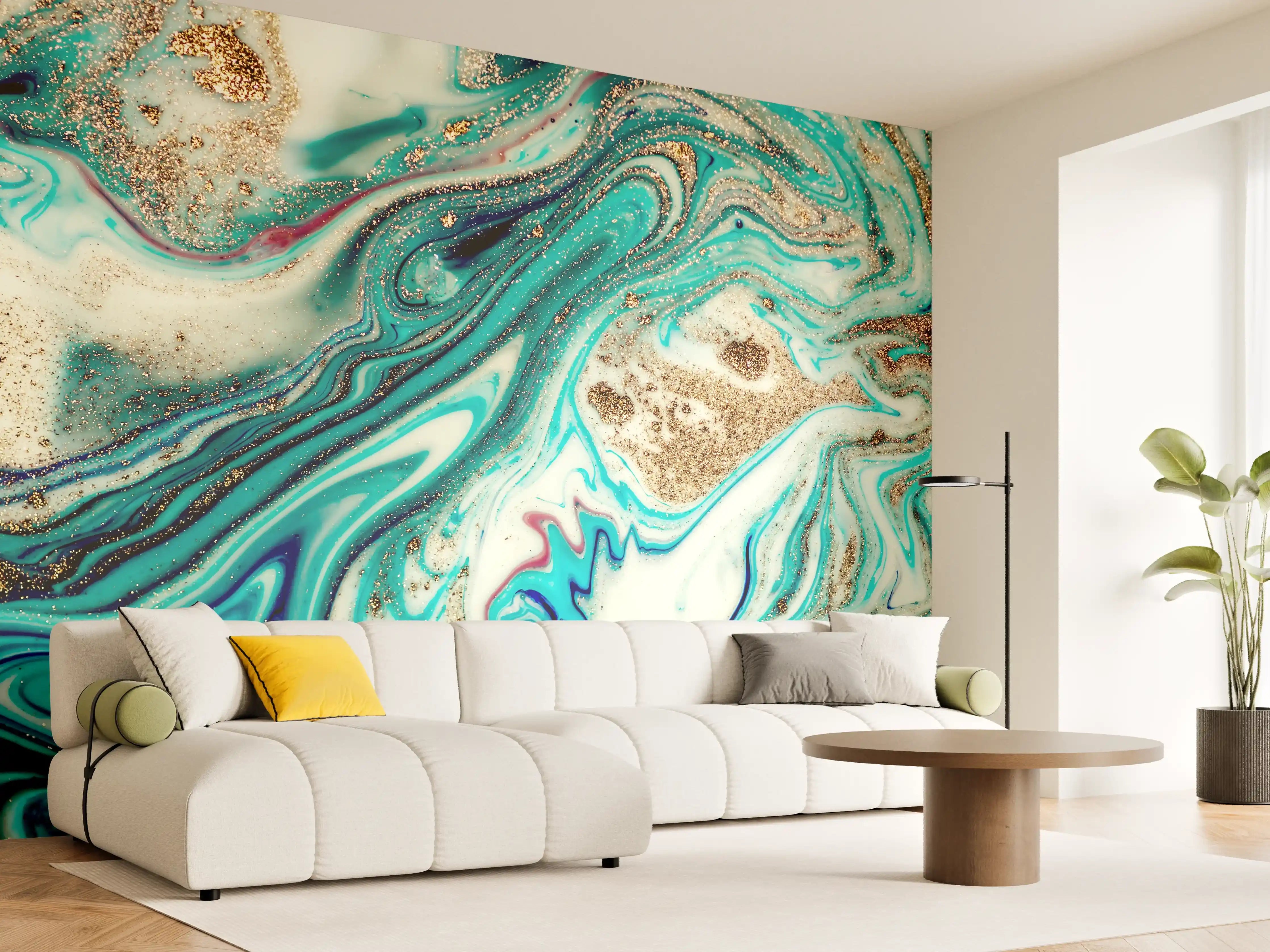 Wandverkleidung Wohnzimmer - Aquarellartige Farbexplosion in Blau und Gold