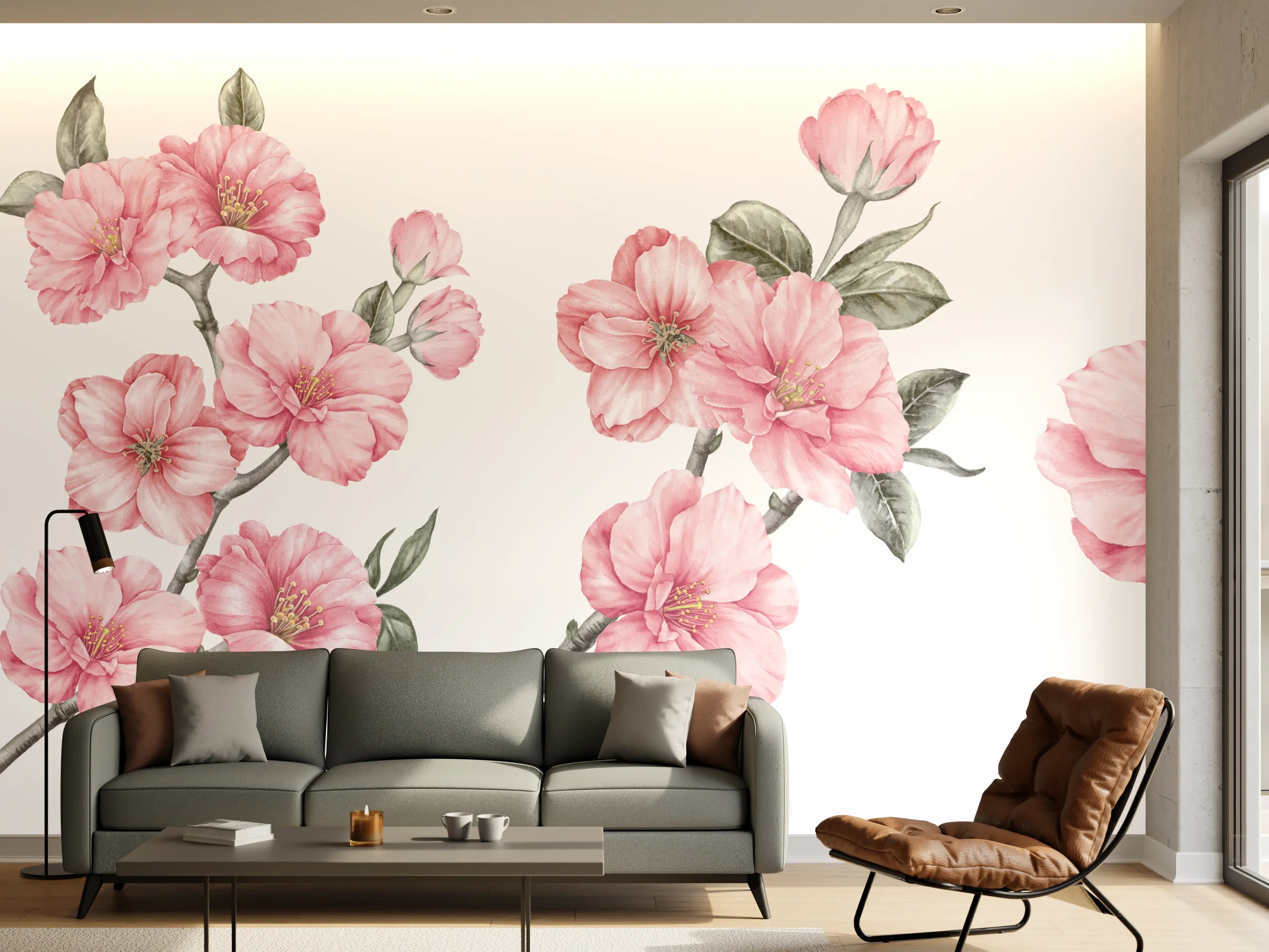 Wandverkleidung Wohnzimmer - Aquarellelemente von blühenden Sakura
