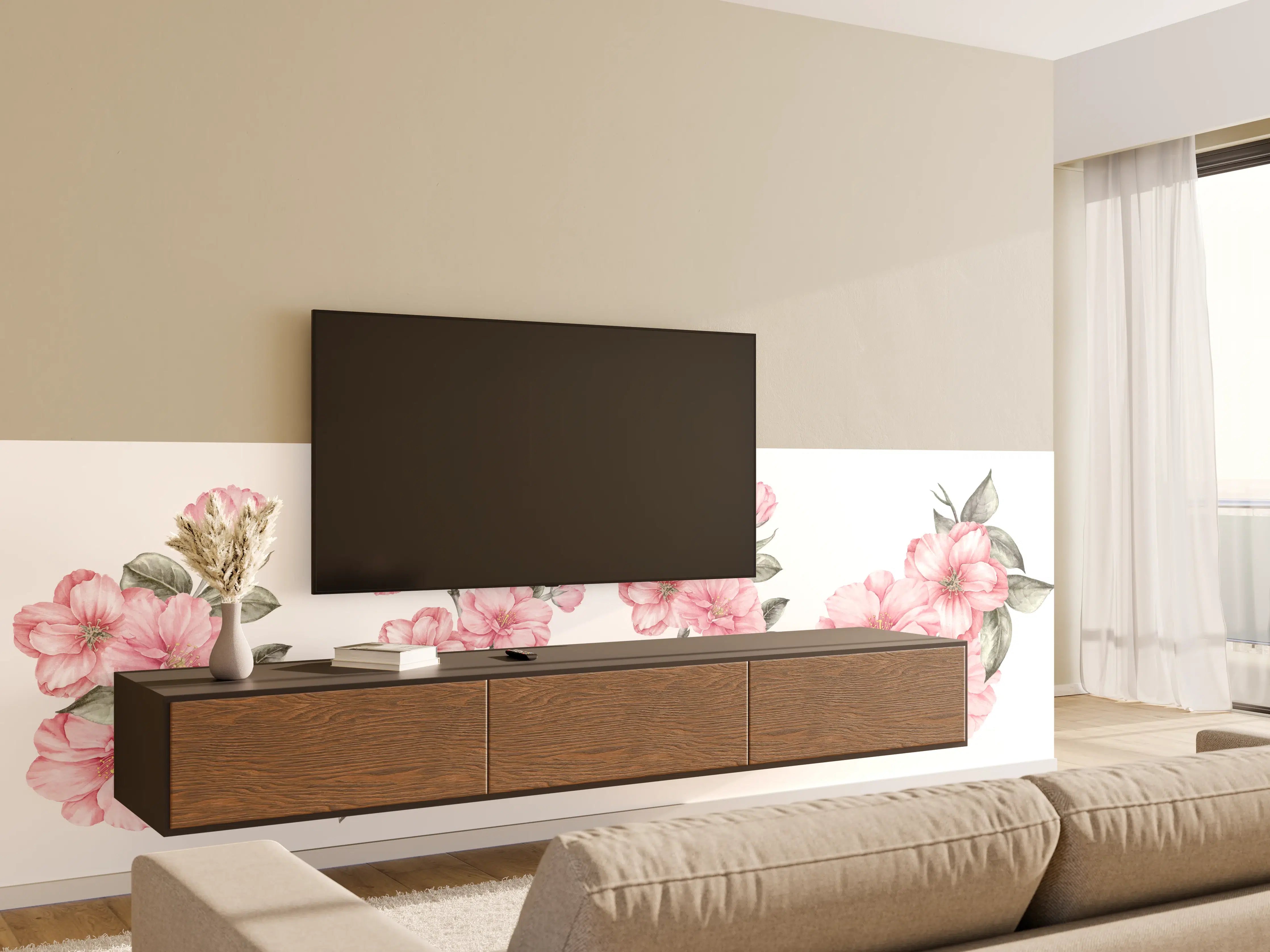 Wandverkleidung Wohnzimmer - Aquarellelemente von blühenden Sakura