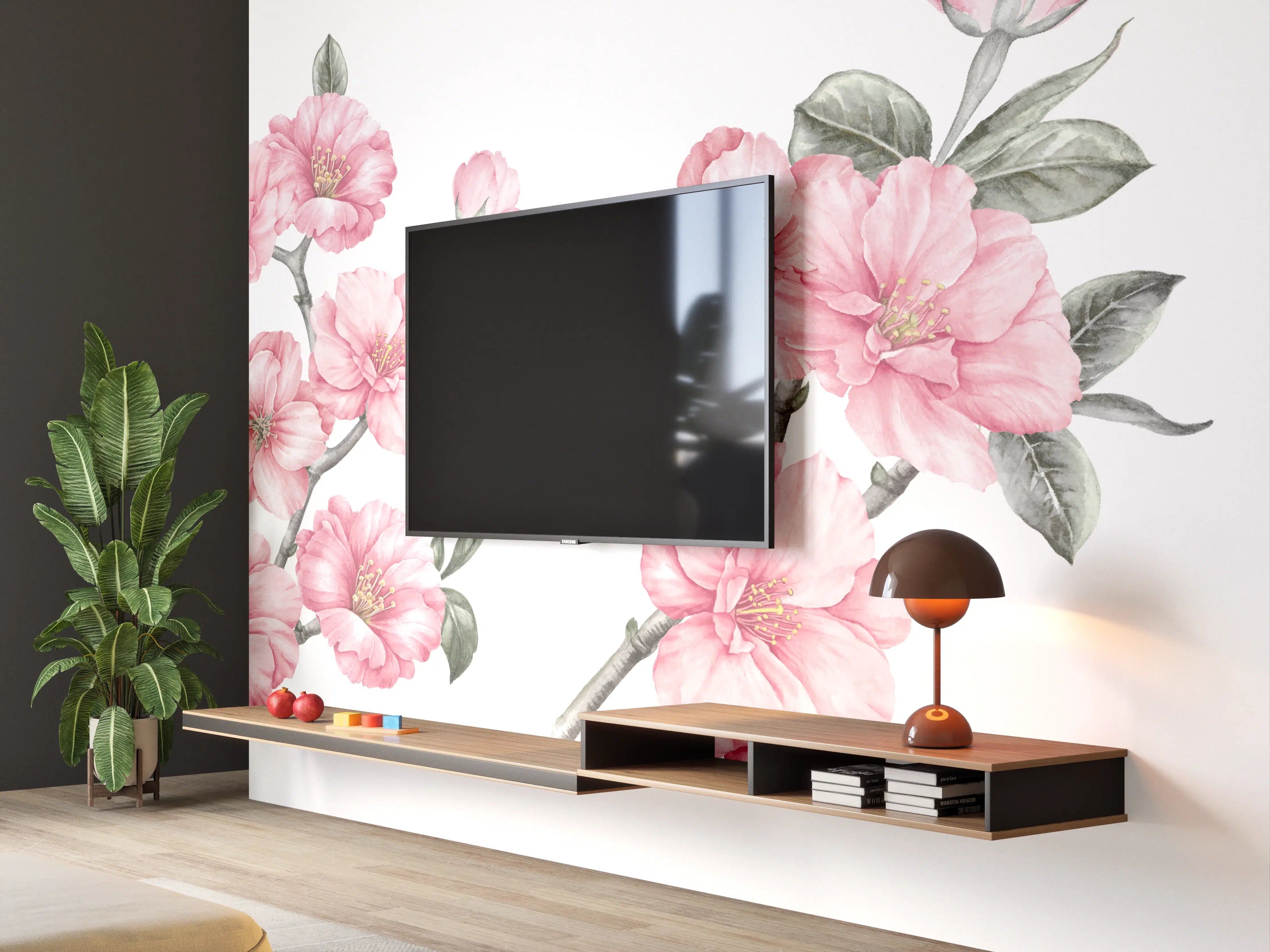 Wandverkleidung Wohnzimmer - Aquarellelemente von blühenden Sakura