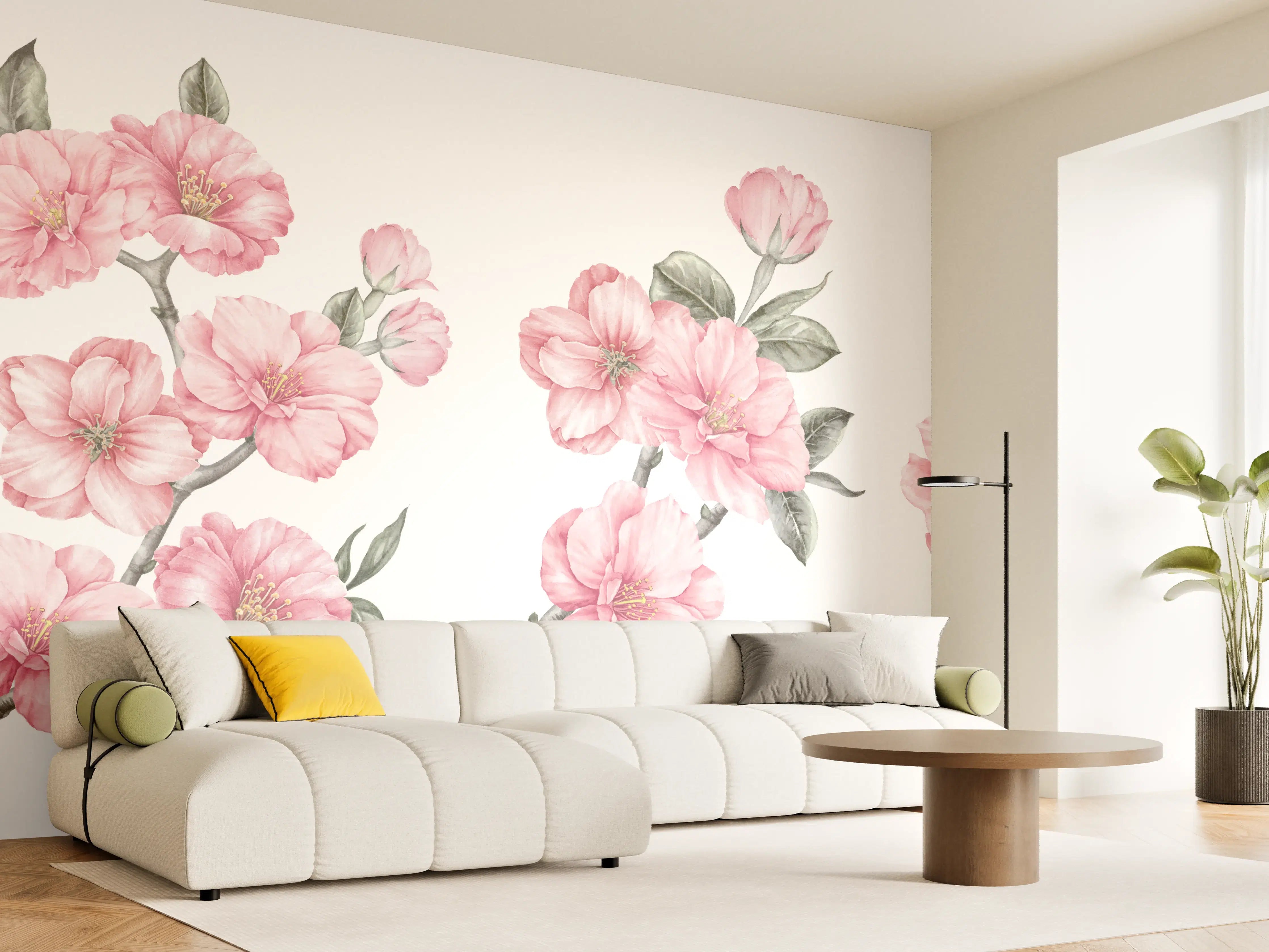 Wandverkleidung Wohnzimmer - Aquarellelemente von blühenden Sakura
