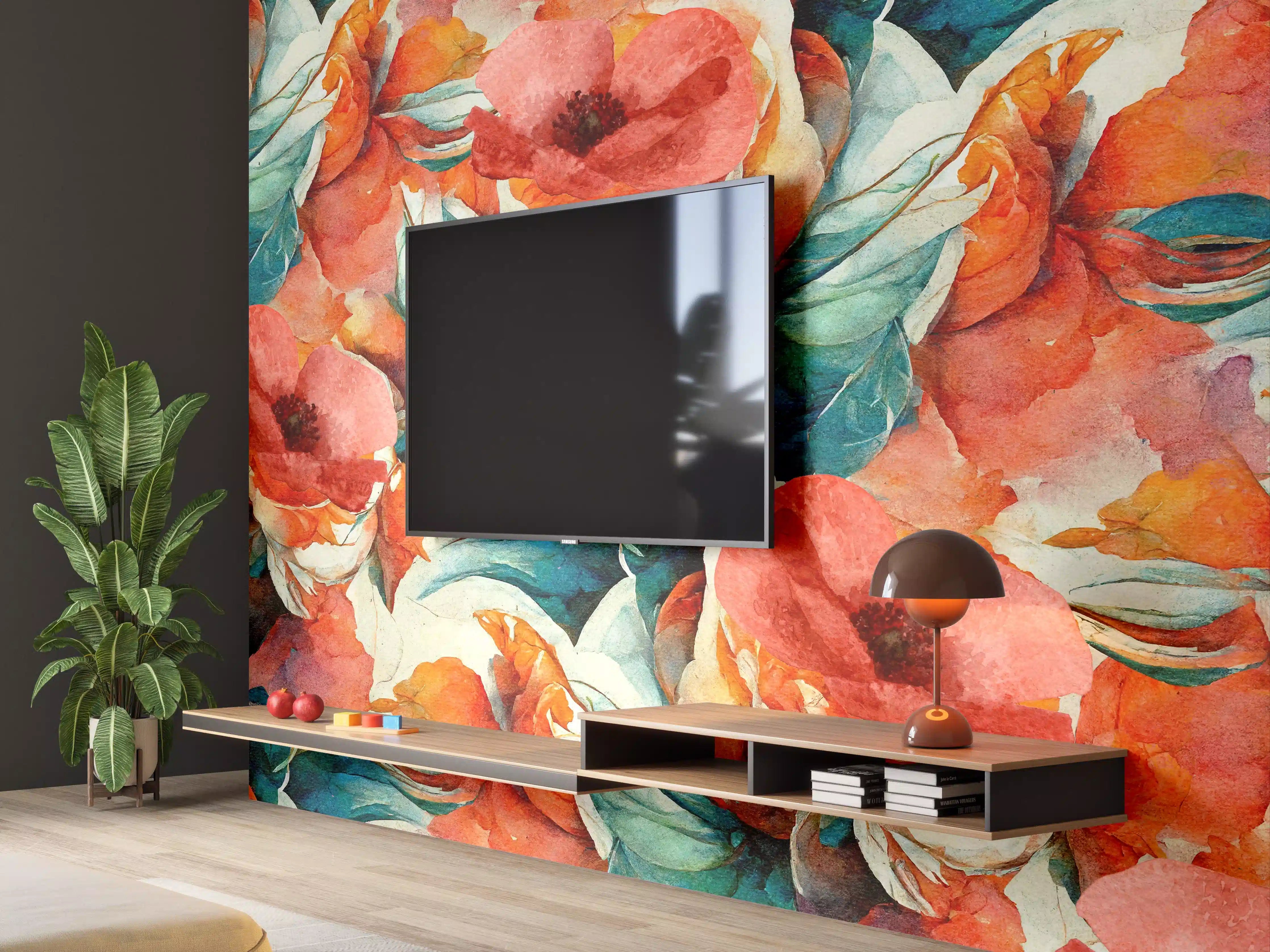 Wandverkleidung Wohnzimmer - Aquarellpapier - Florales Muster