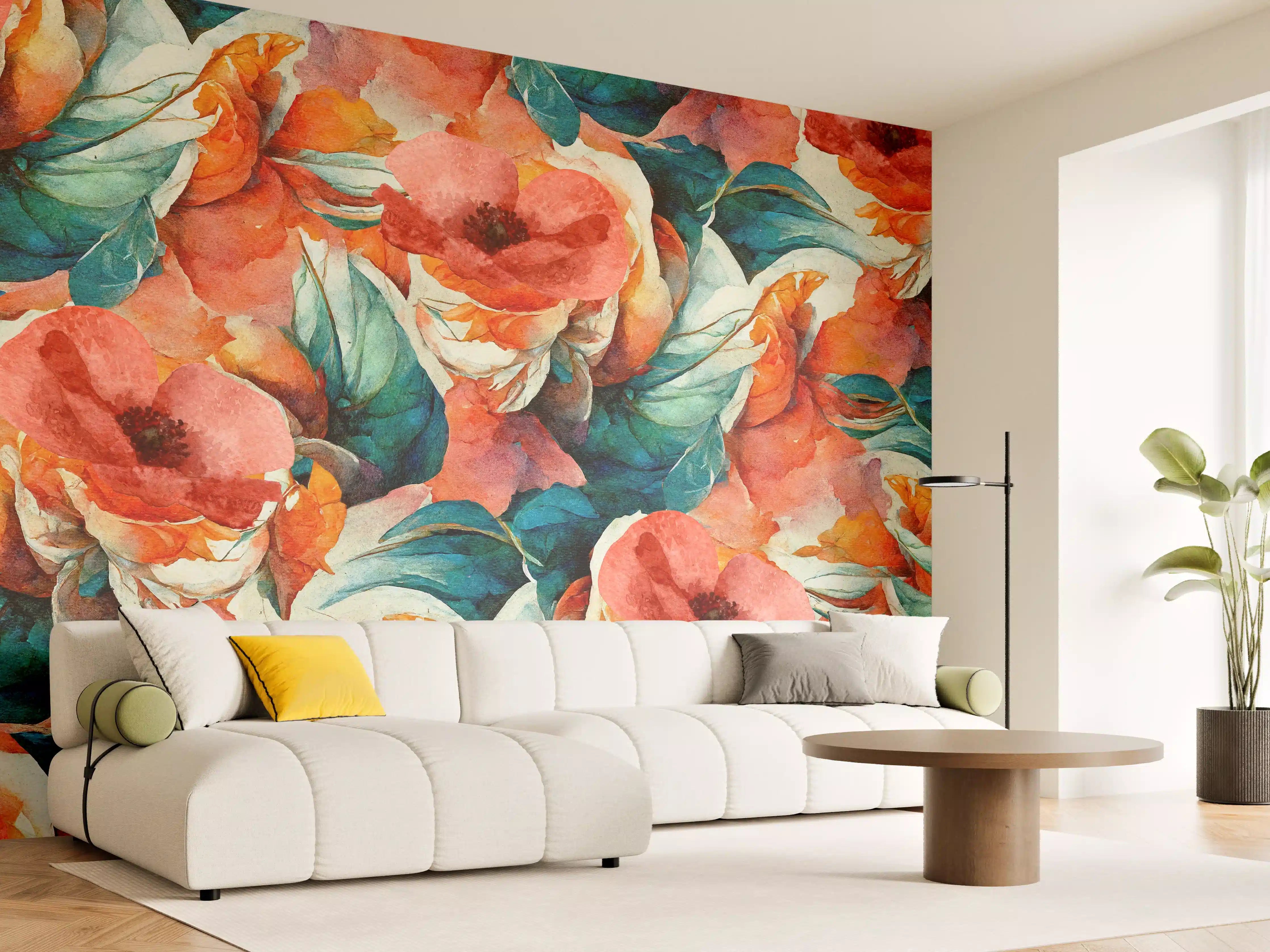 Wandverkleidung Wohnzimmer - Aquarellpapier - Florales Muster