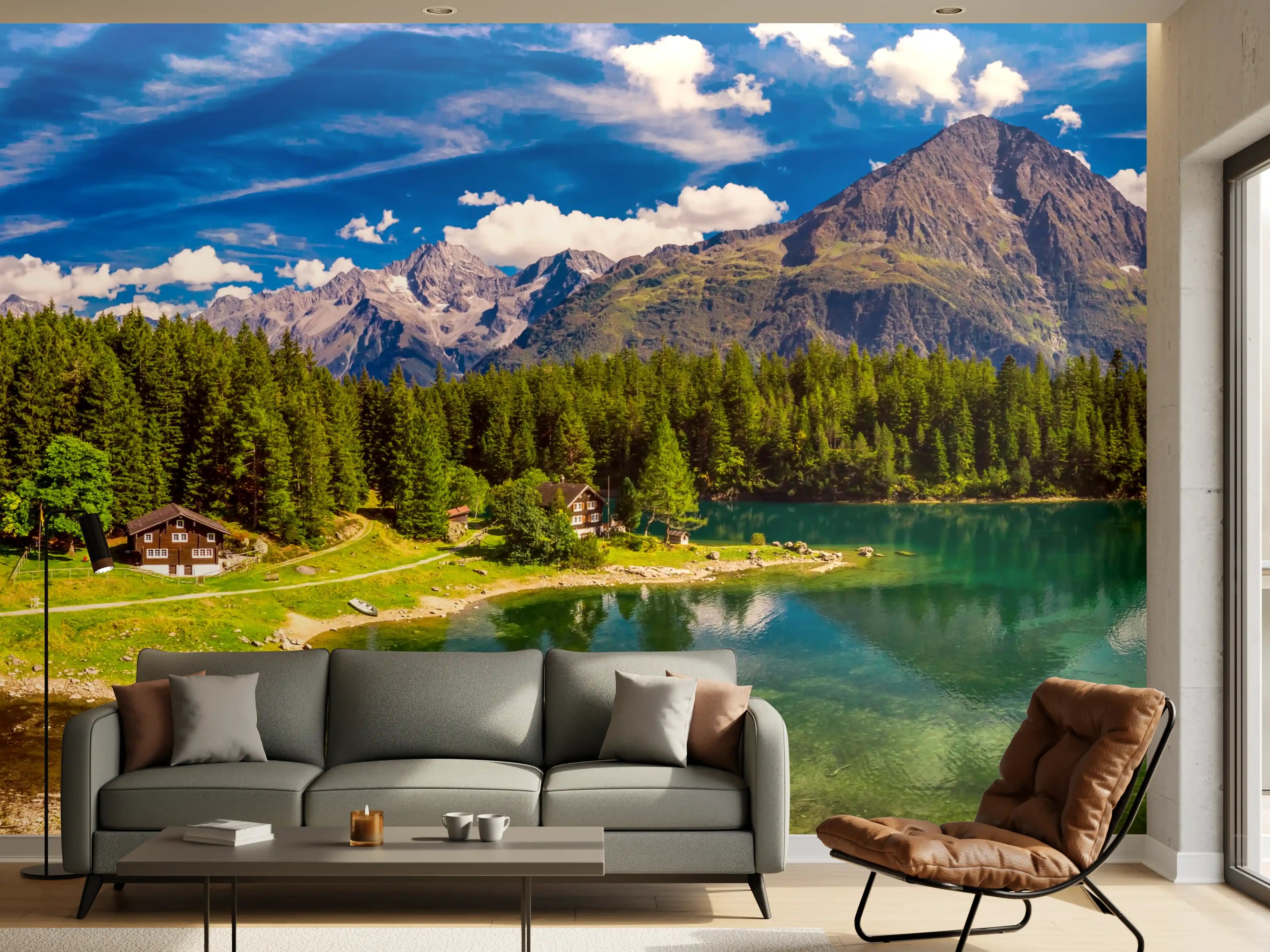 Wandverkleidung Wohnzimmer - Arnisee mit Schweizer Alpen