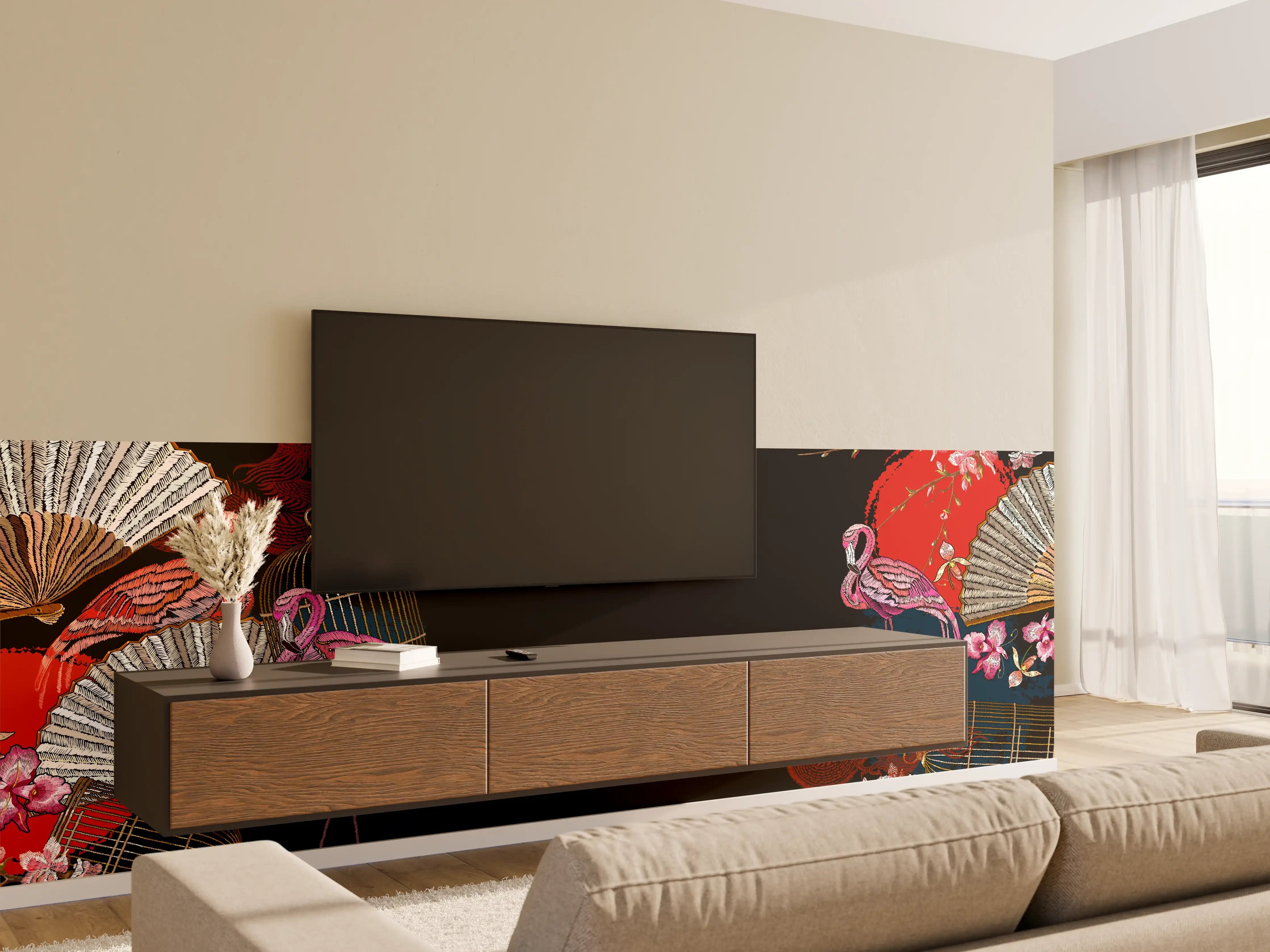 Wandverkleidung Wohnzimmer - Asiatischer Flamingo Drachenfächer