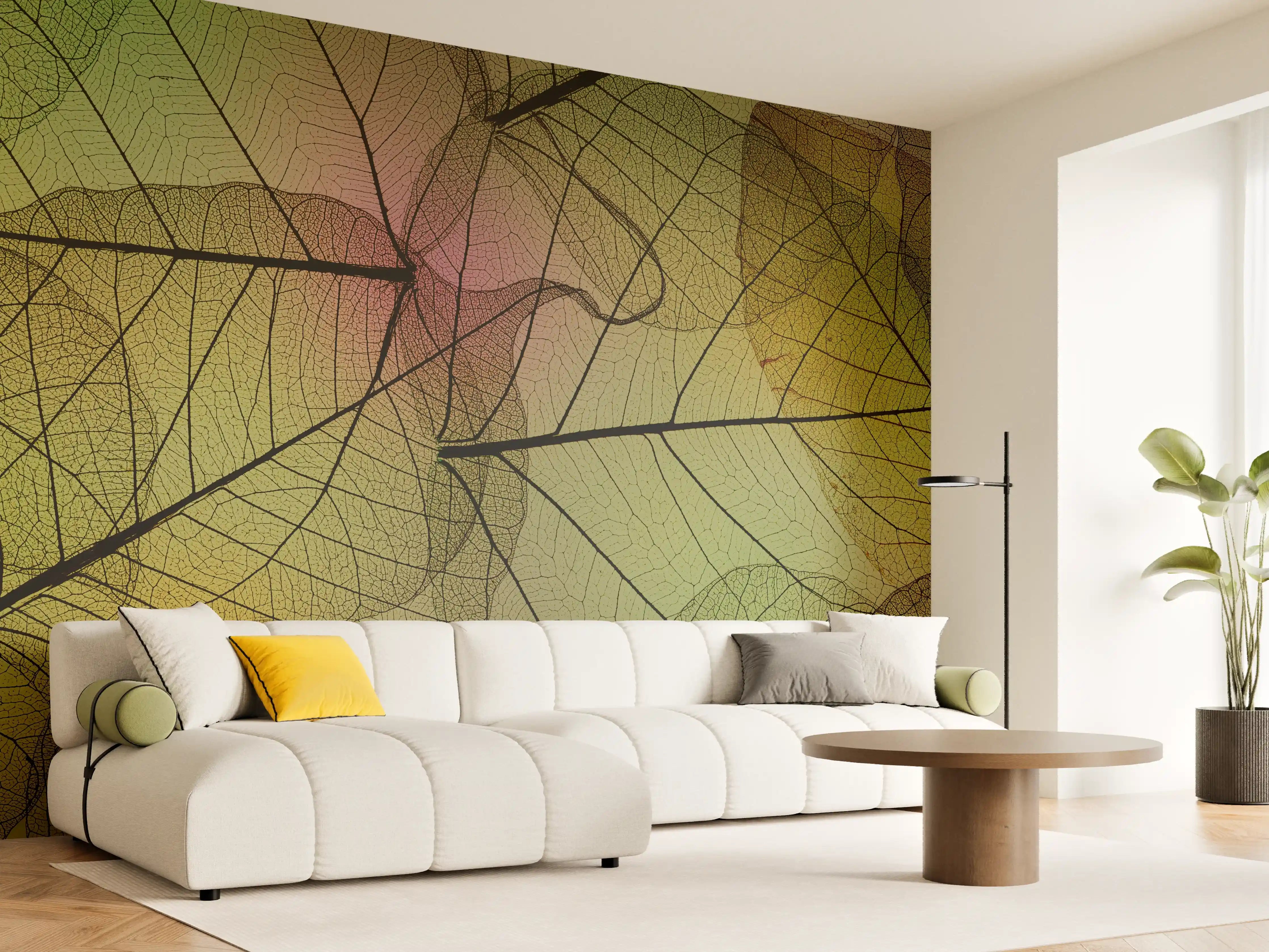 Wandverkleidung Wohnzimmer - Ästhetische Blätter in Pastellfarben