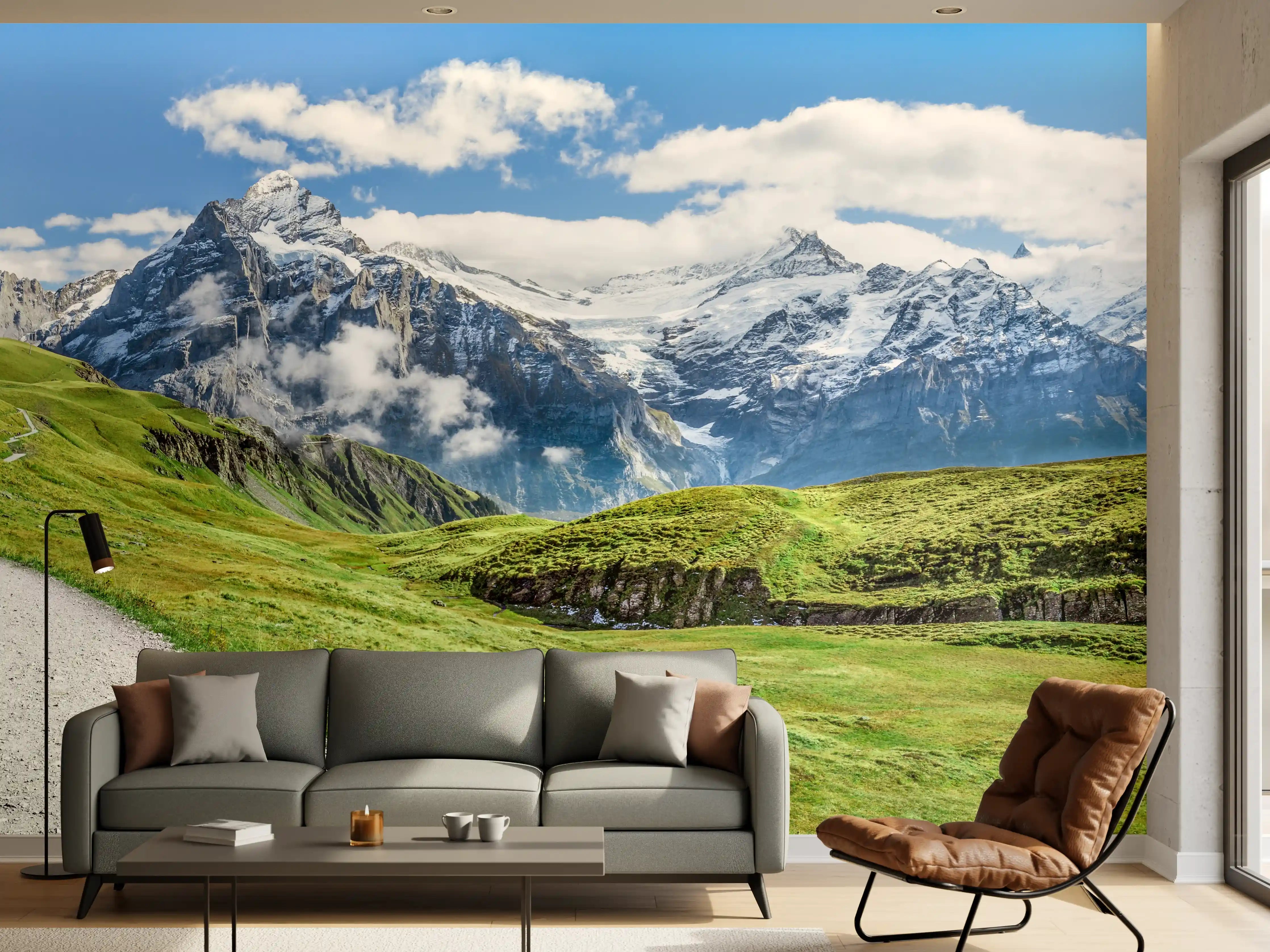 Wandverkleidung Wohnzimmer - Atemberaubende Berglandschaft mit Weg
