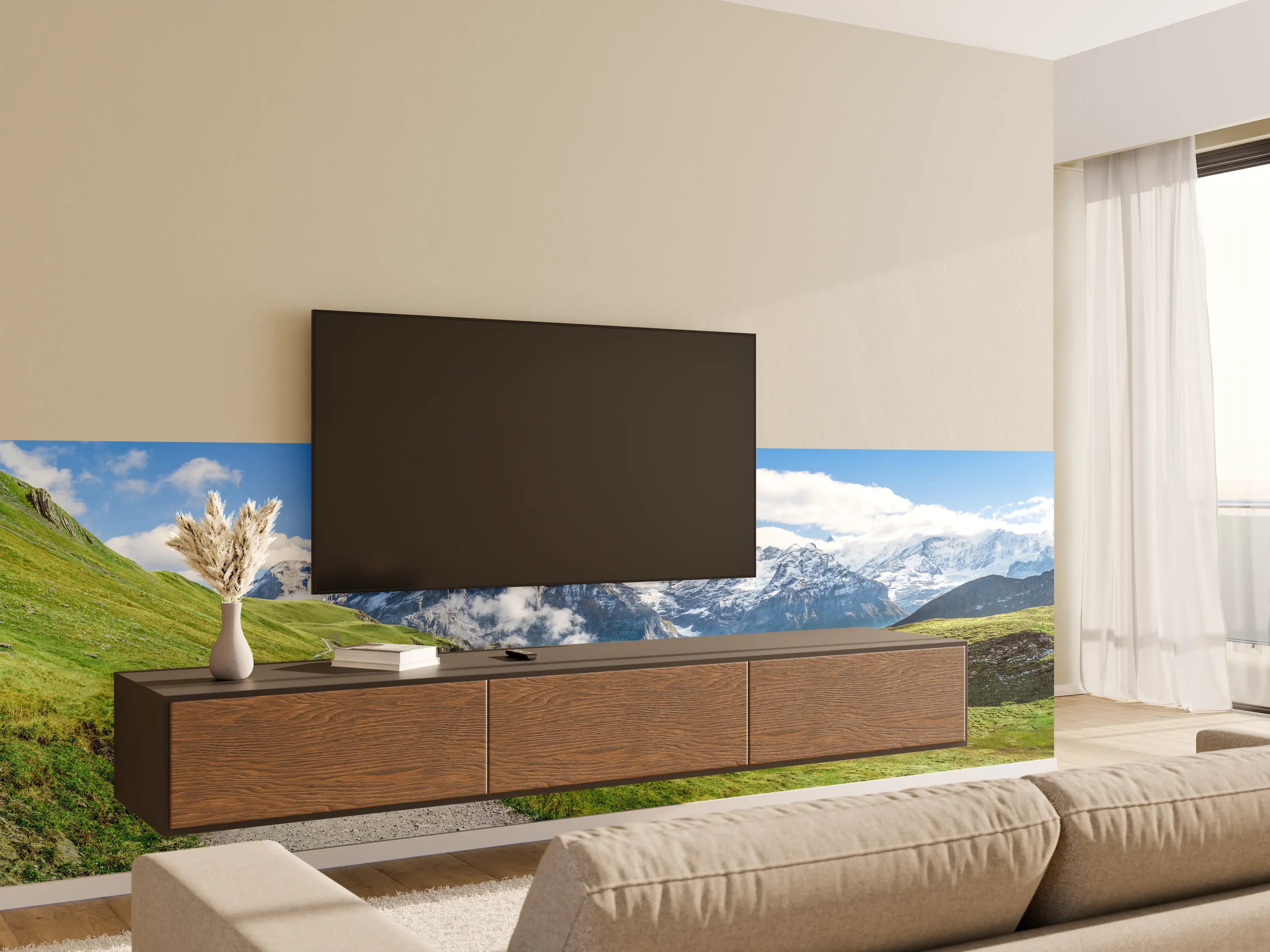 Wandverkleidung Wohnzimmer - Atemberaubende Berglandschaft mit Weg