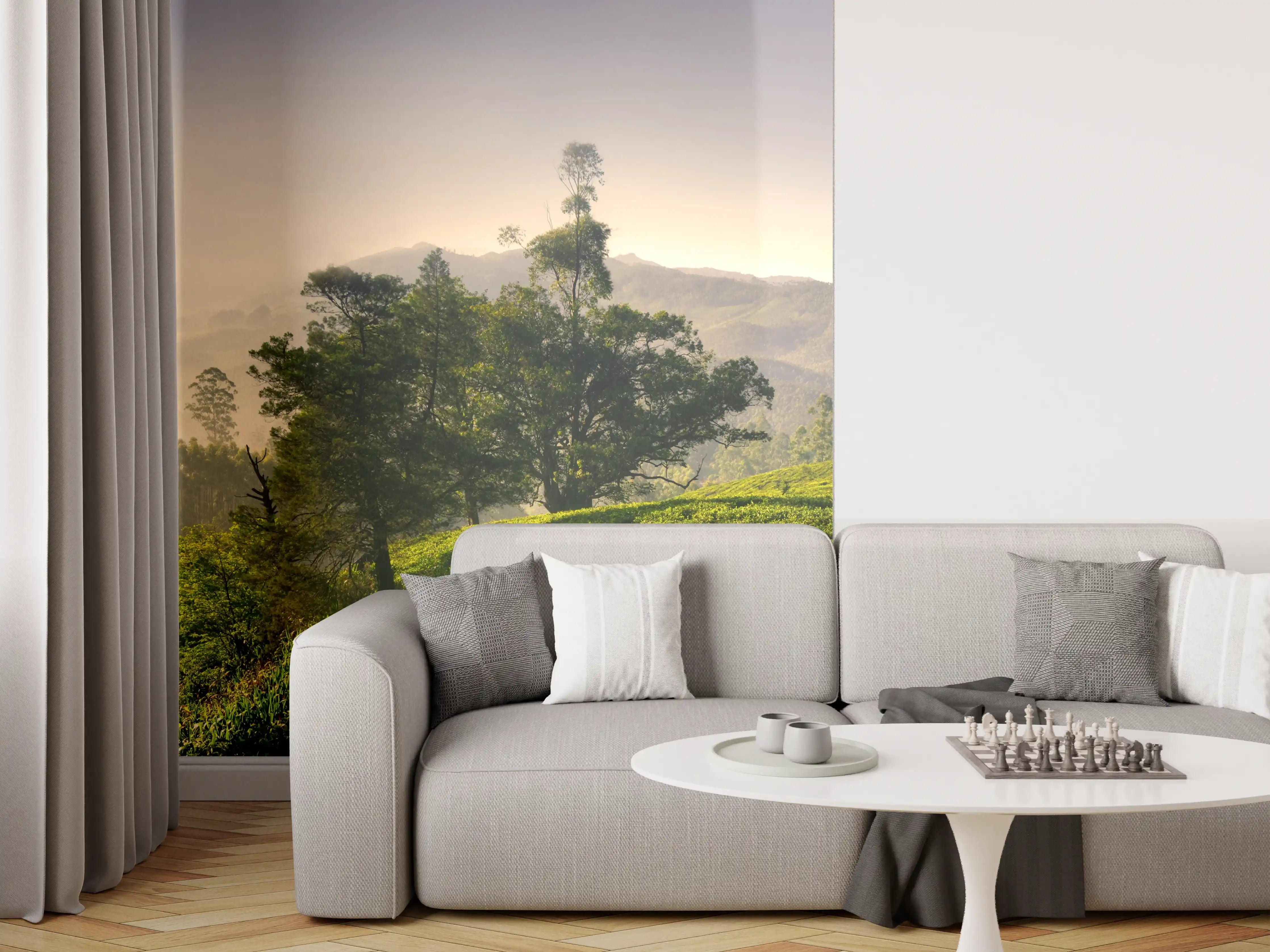Wandverkleidung Wohnzimmer - Atemberaubende Landschaft mit Bergen und Teeplantagen