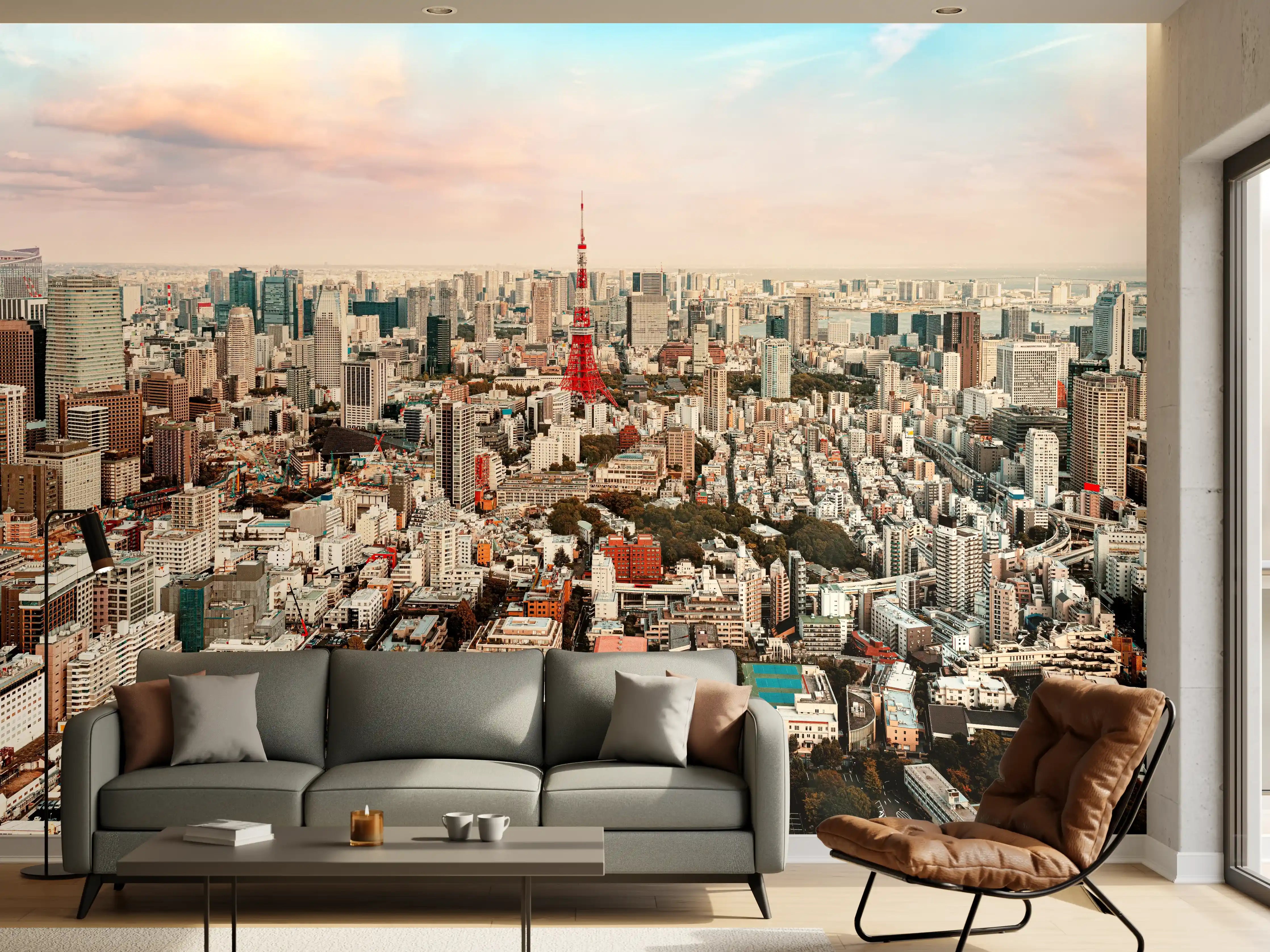 Wandverkleidung Wohnzimmer - Atemberaubende Skyline von Tokio bei Sonnenuntergang